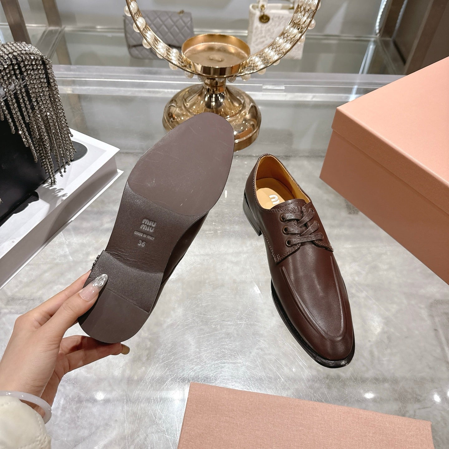 Miu Distressed Loafers  Brown Cowhide 592058