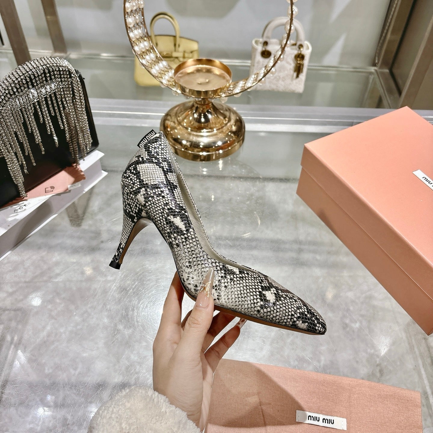 Miu High Heel Pumps Gray Black Snakeskin 592074