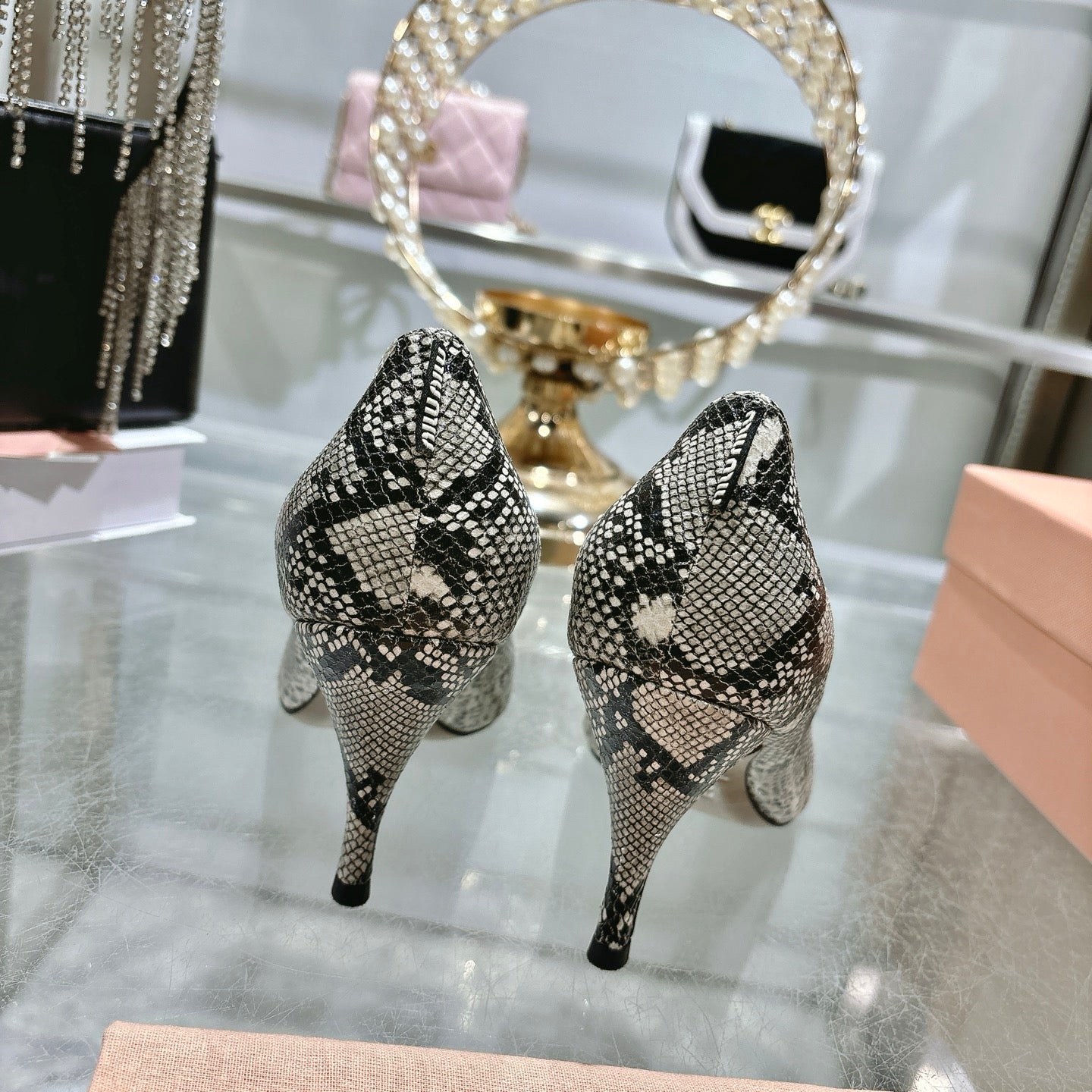 Miu High Heel Pumps Gray Black Snakeskin 592074