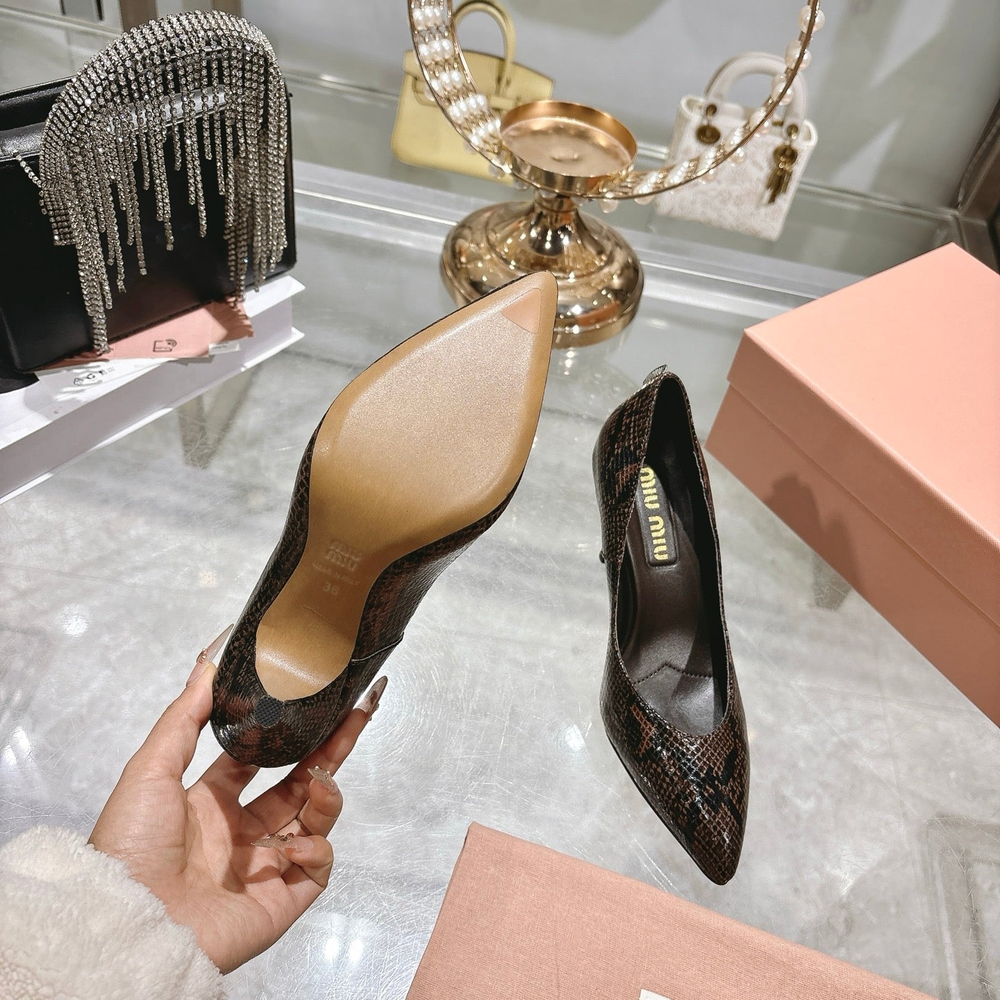 Miu High Heel Pumps Brown Black Snakeskin 592075