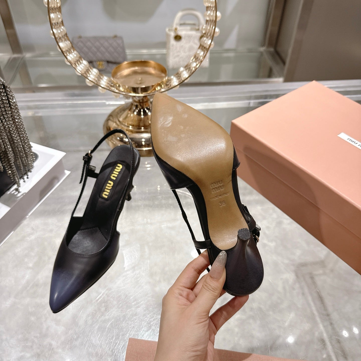 Miu 26 High Heel Slingback 75 Black Cowhide 592081