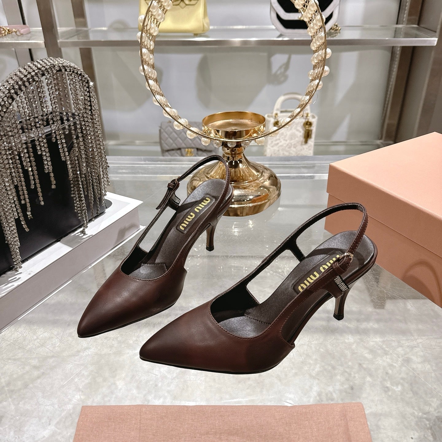 Miu 26 High Heel Slingback 75 Brown Chocolate Cowhide 592082