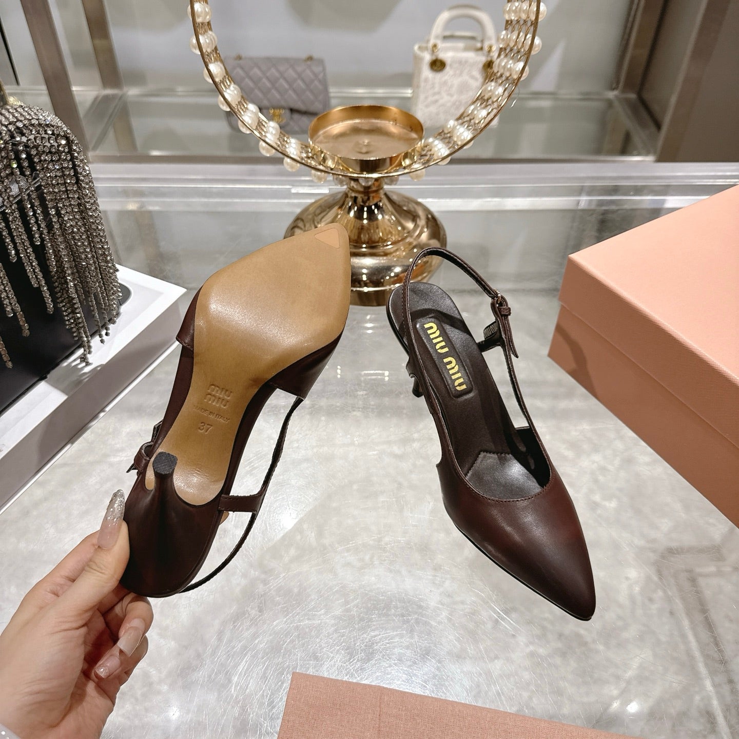 Miu 26 High Heel Slingback 75 Brown Chocolate Cowhide 592082