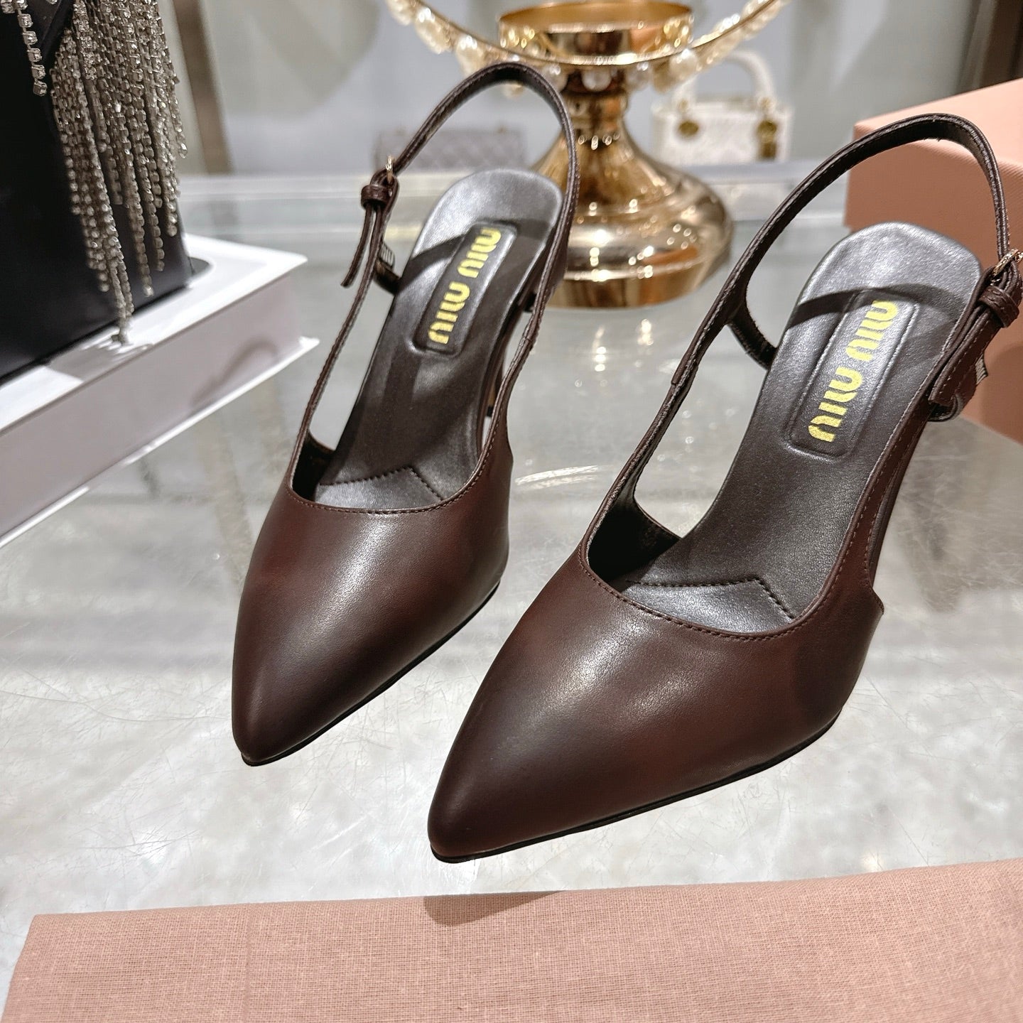Miu 26 High Heel Slingback 75 Brown Chocolate Cowhide 592082