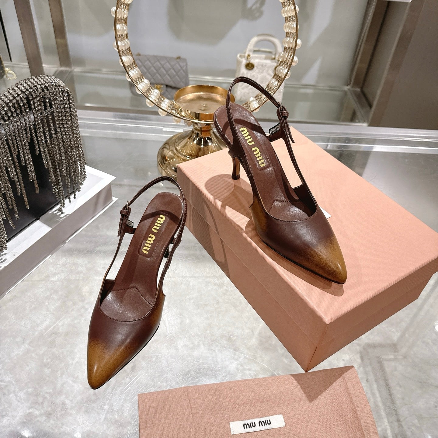 Miu 26 High Heel Slingback 75 Camel Brown Cowhide 592083