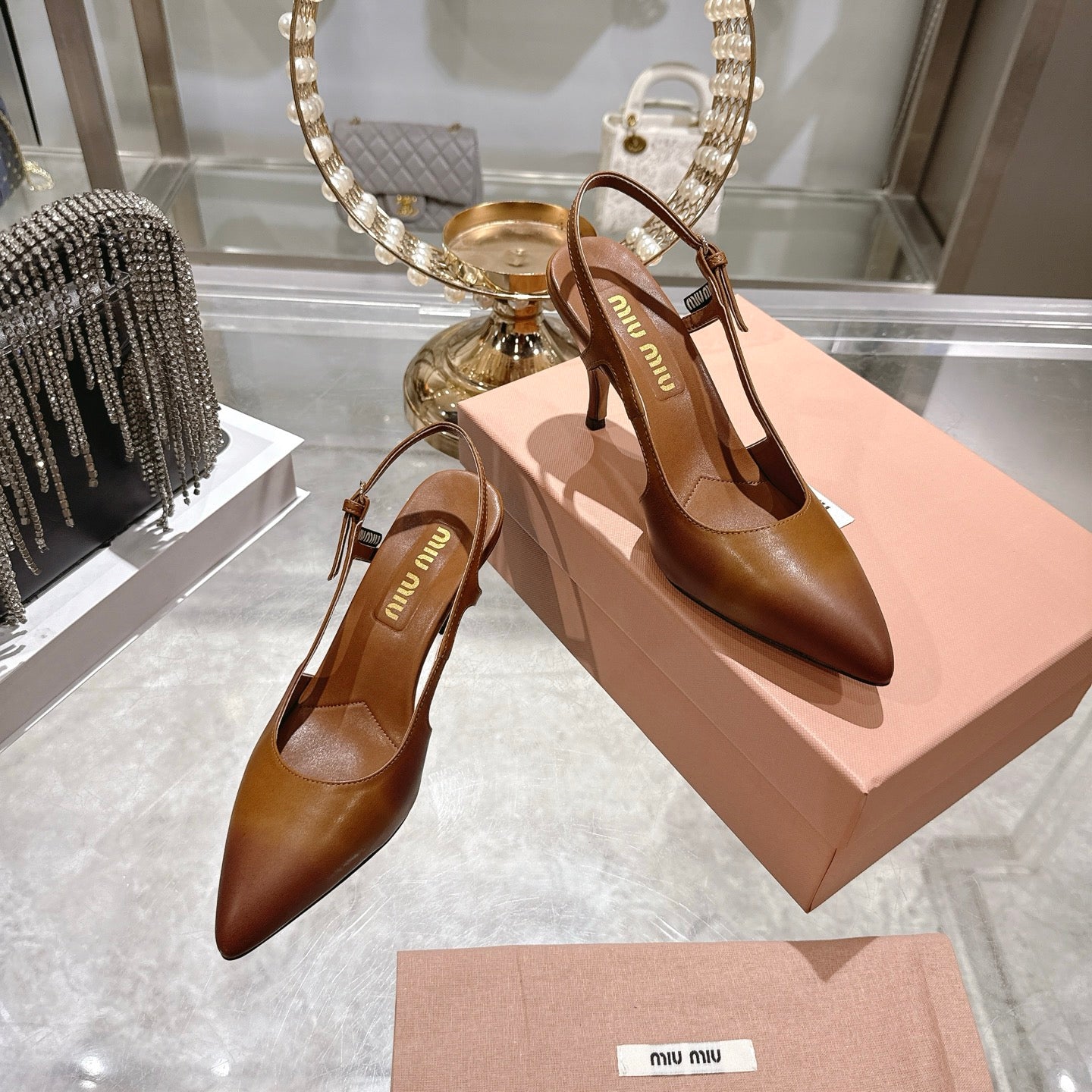 Miu 26 High Heel Slingback 75 Camel Brown Cowhide 592084