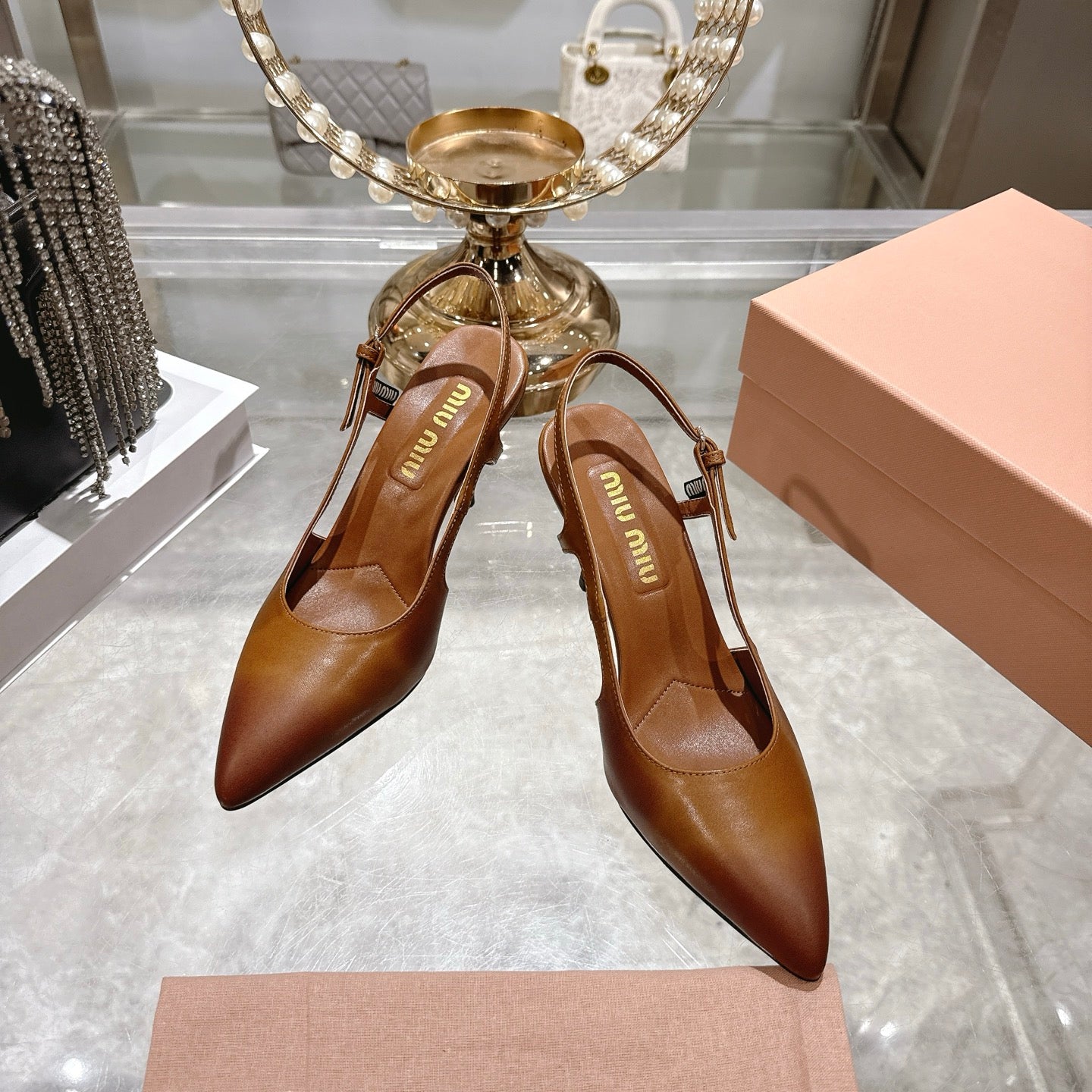 Miu 26 High Heel Slingback 75 Camel Brown Cowhide 592084