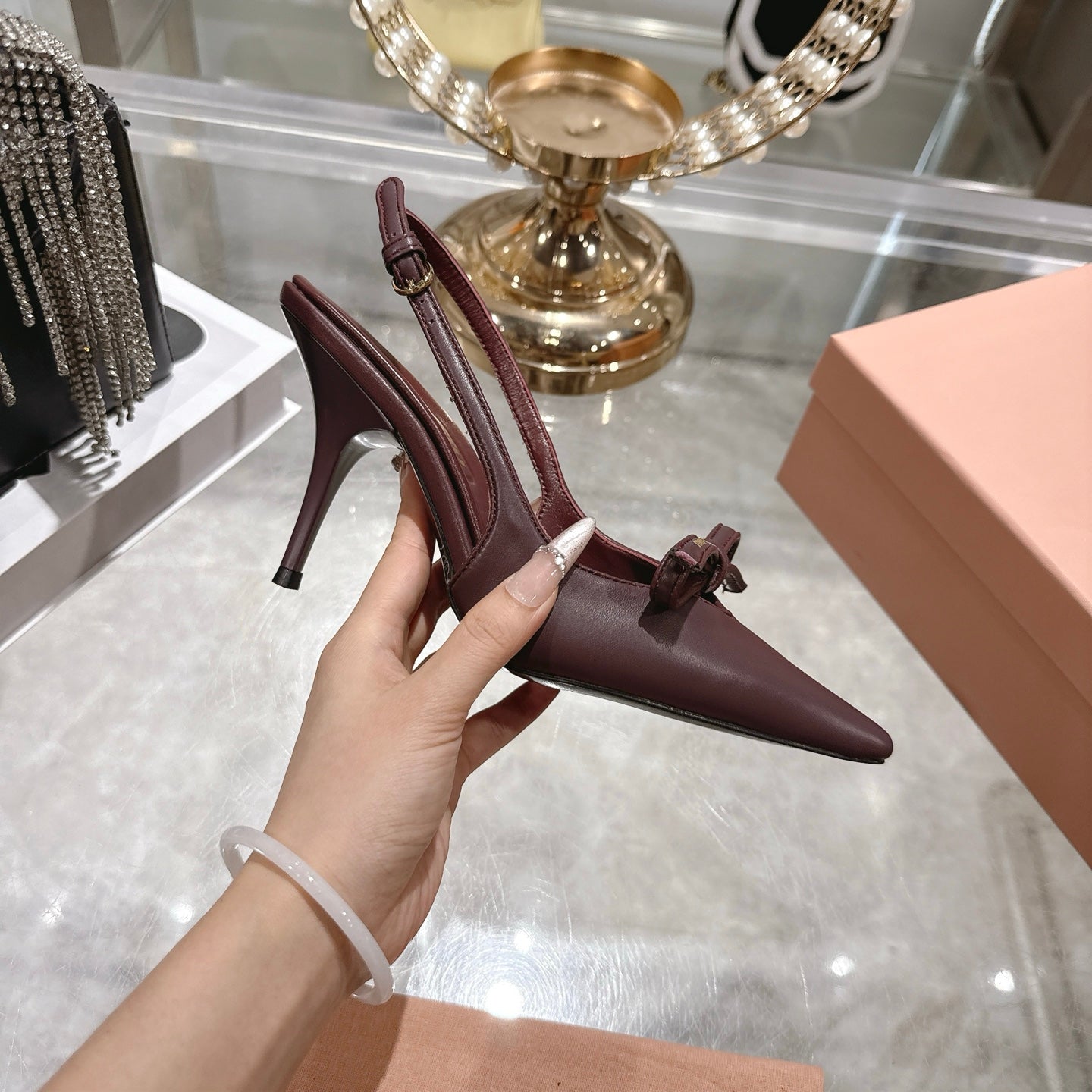 Miu 26 High Heel Slingback 80 Burgundy Leather 592098
