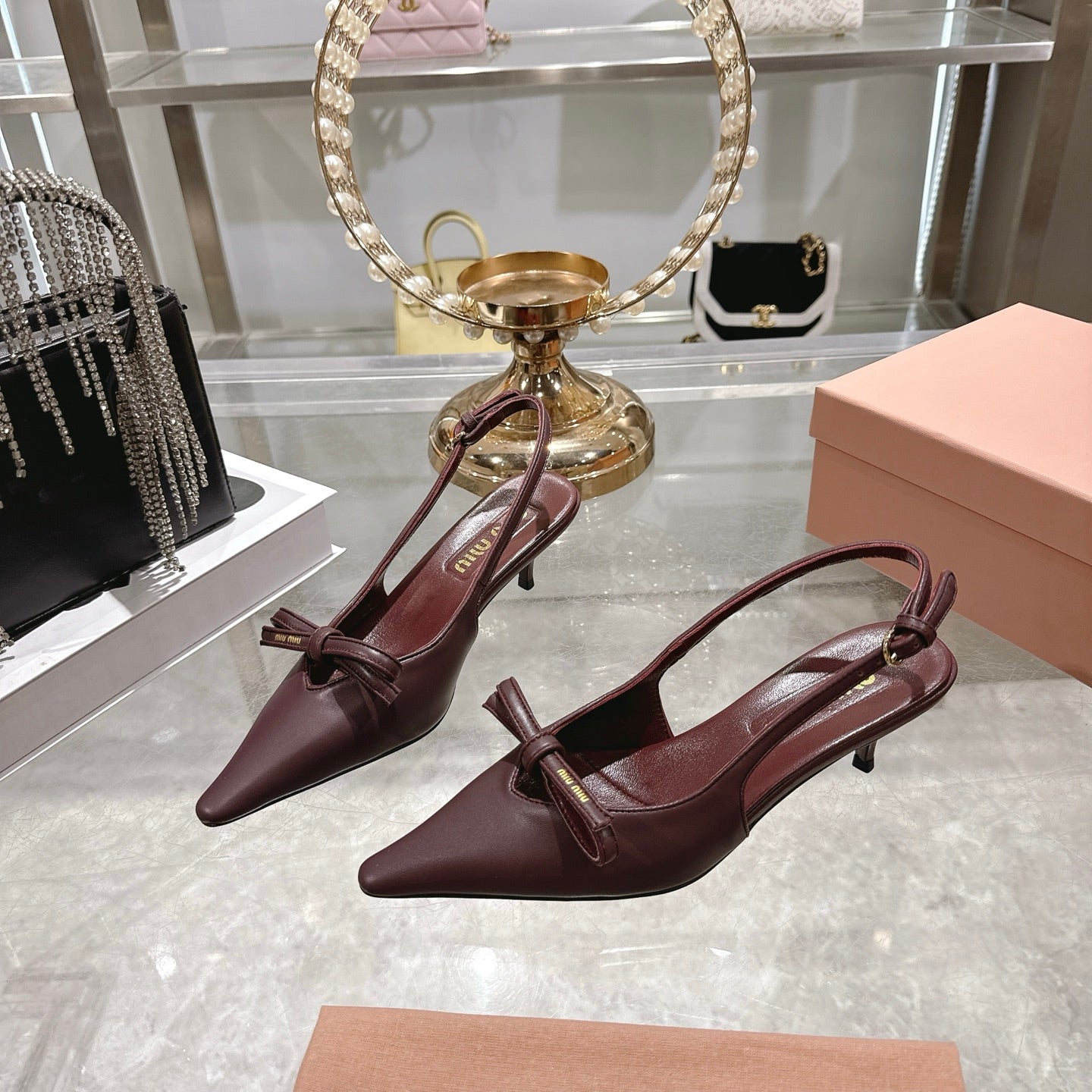 Miu 26 High Heel Slingback 45 Burgundy Leather 592095