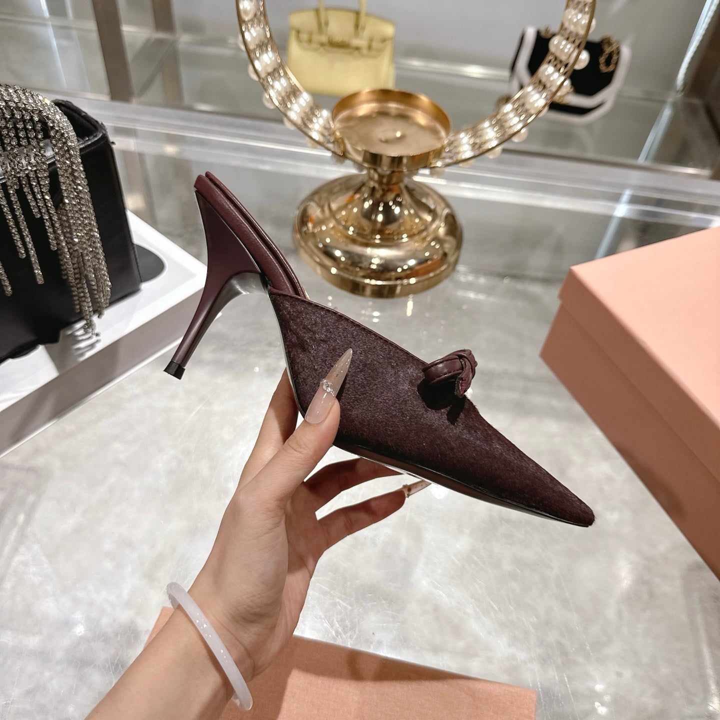 Miu 26 Pointed Toe High Heel Burgundy Suede Sheepskin 592088