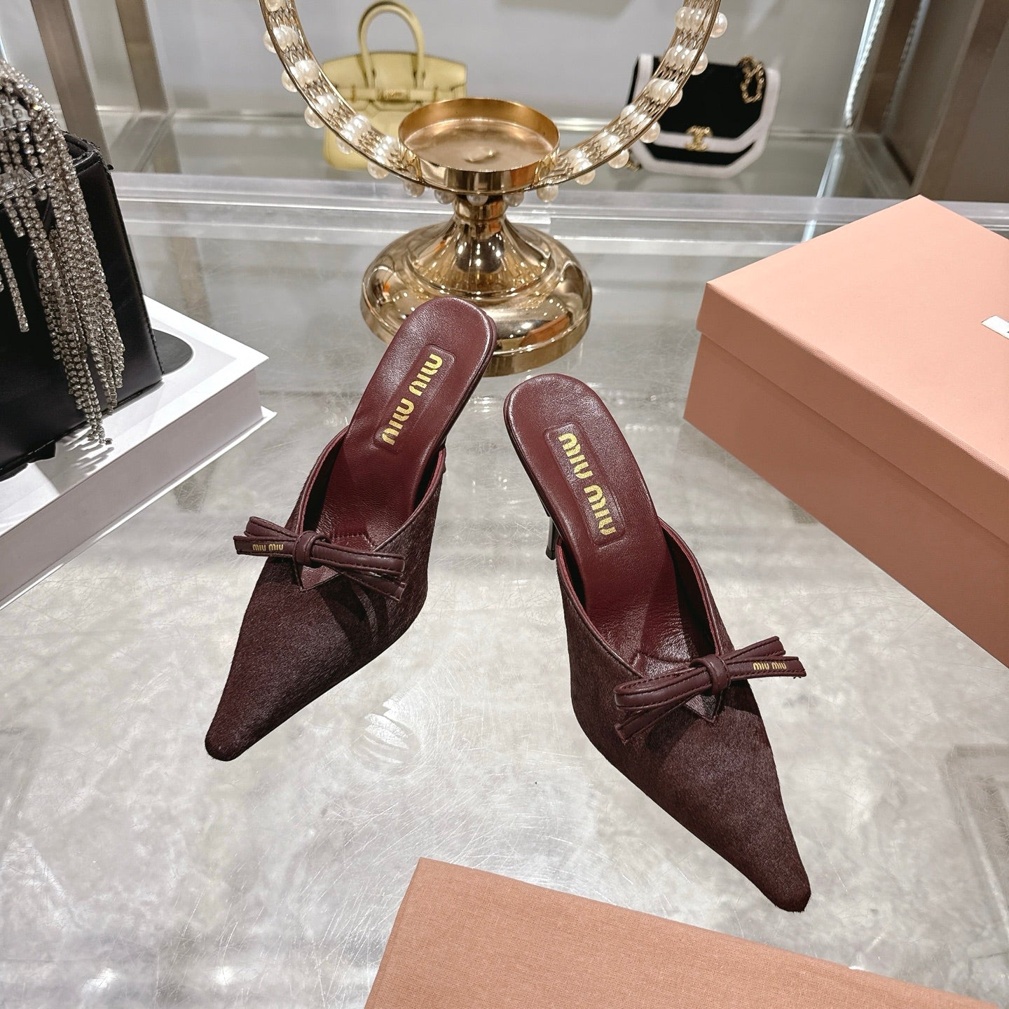 Miu 26 Pointed Toe High Heel Burgundy Suede Sheepskin 592088