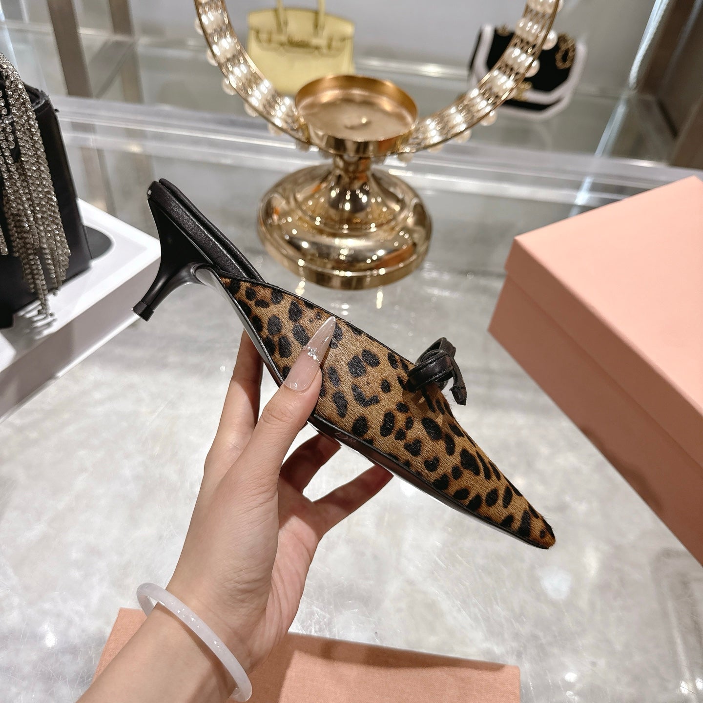 Miu 26 Pointed Toe Mule 45 Leopard Print Sheepskin 592091