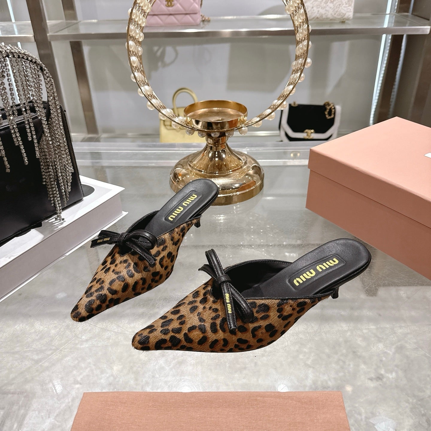 Miu 26 Pointed Toe Mule 45 Leopard Print Sheepskin 592091