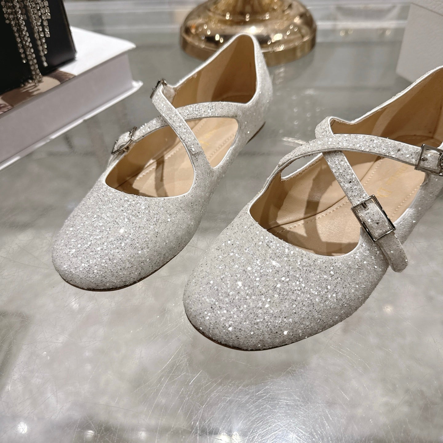 CD 26 Ballet Flats Metallic Silver Leather With Sequins 592214
