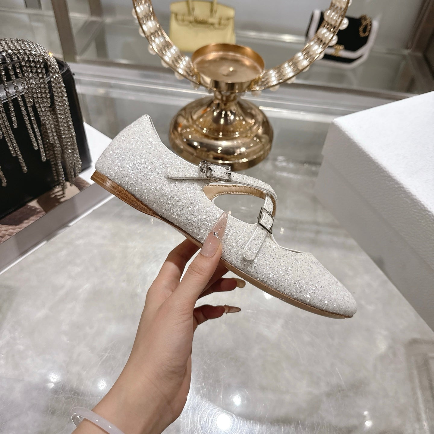 CD 26 Ballet Flats Metallic Silver Leather With Sequins 592214