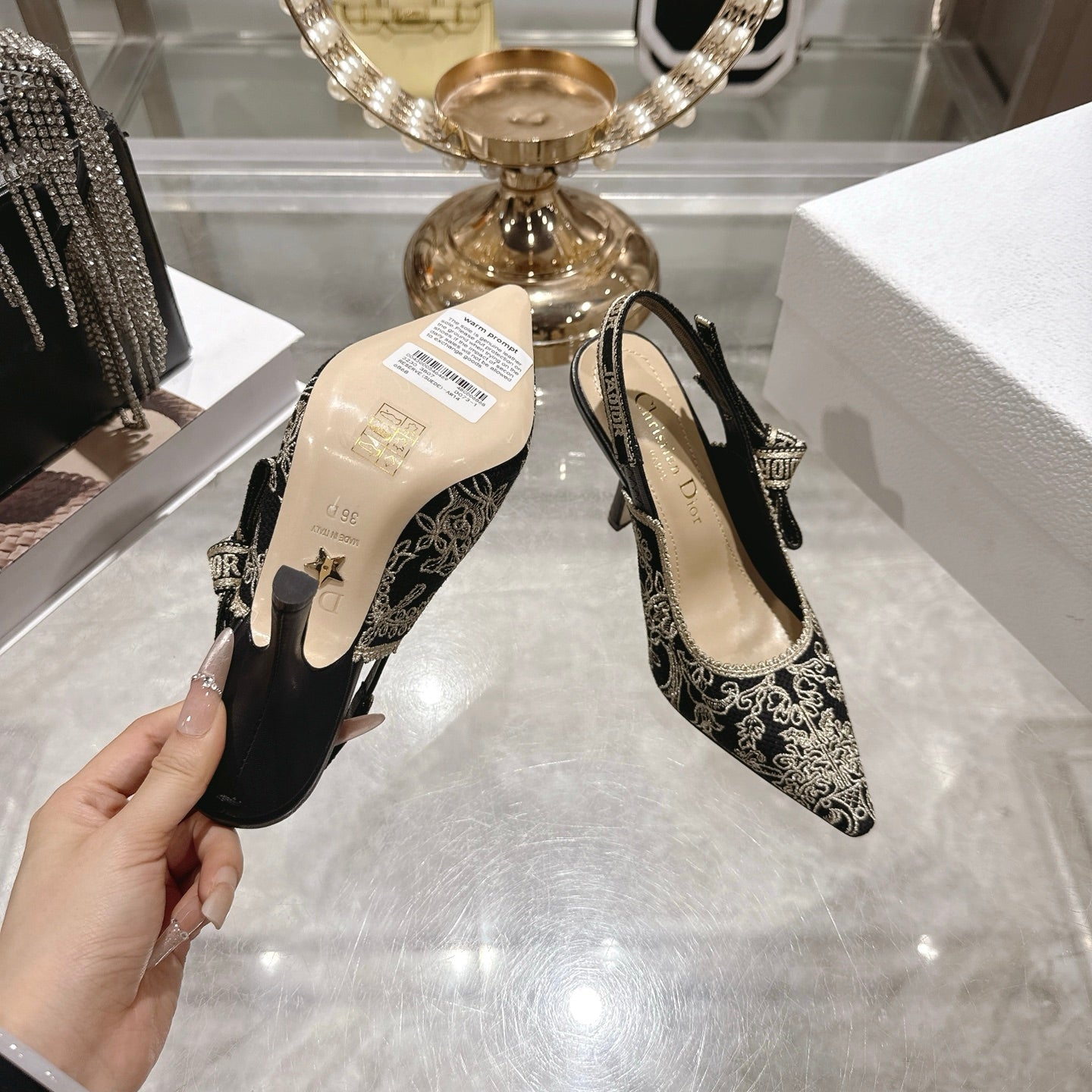 CD 26 Slingback Metallic Floral Embroidery 85mm Black Gold Tweed 592233