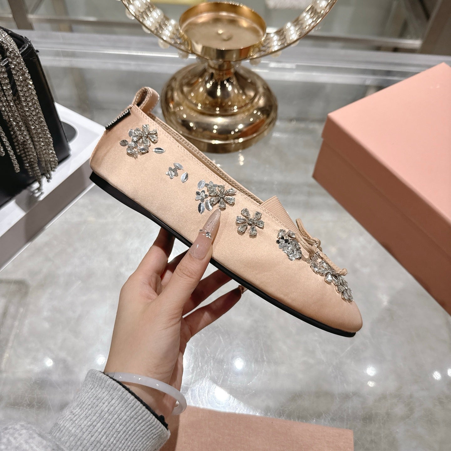 Miu 26 Ballet Flats with Crystal Rhinestones Light Pink Silk Satin  592101