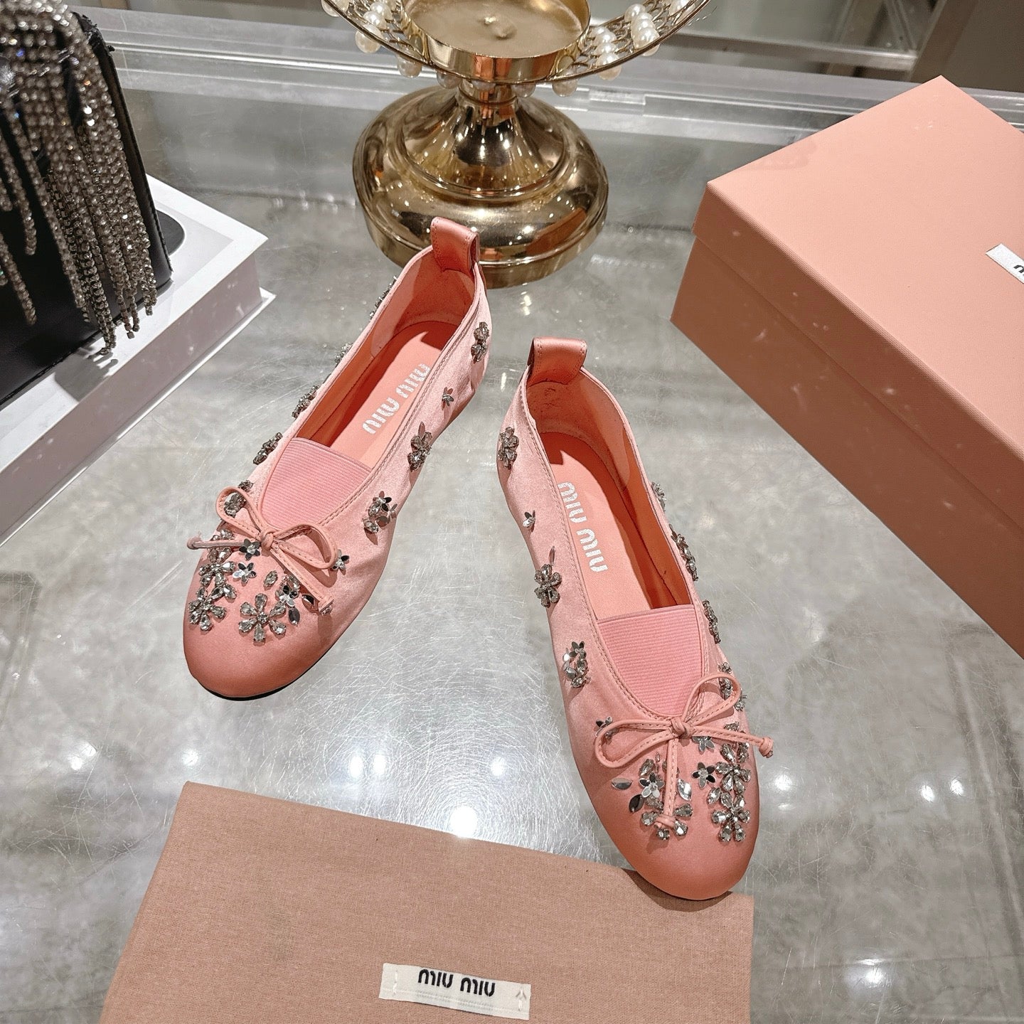 Miu 26 Ballet Flats with Crystal Rhinestones Pink Silk Satin 592102