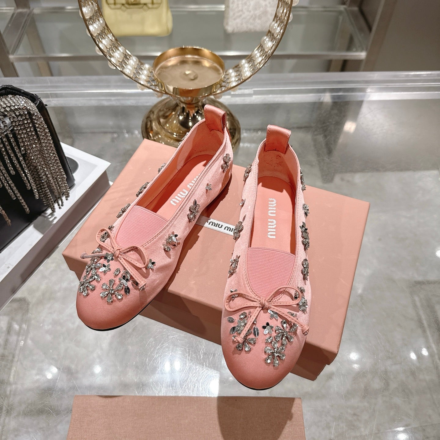 Miu 26 Ballet Flats with Crystal Rhinestones Pink Silk Satin 592102