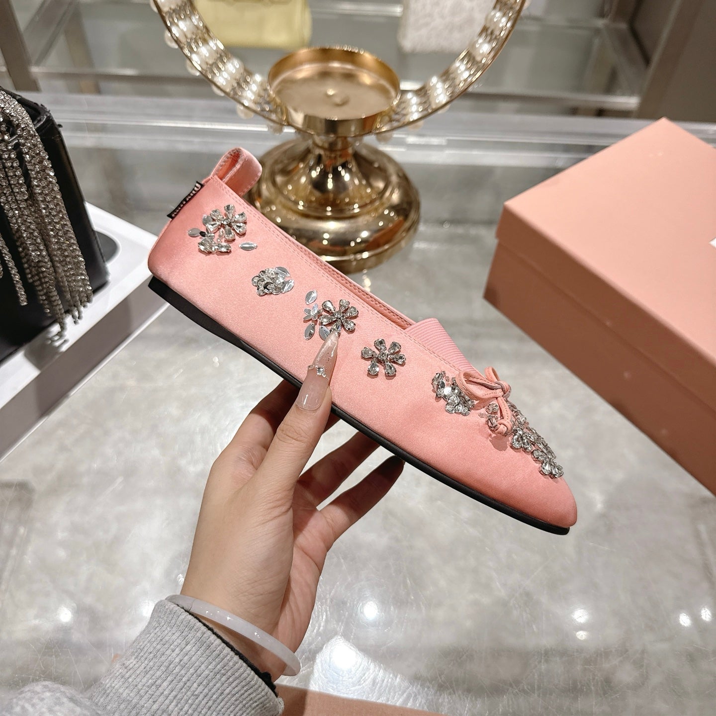 Miu 26 Ballet Flats with Crystal Rhinestones Pink Silk Satin 592102