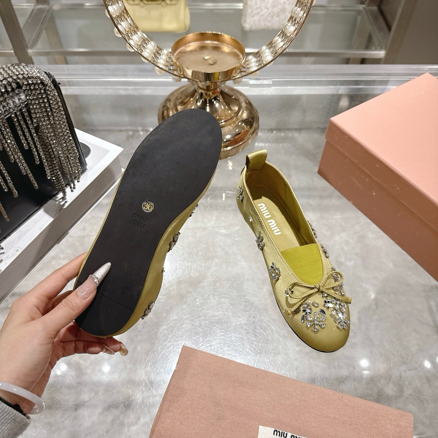 Miu 26 Ballet Flats with Crystal Rhinestones Lemony Yellow Silk Satin 592103