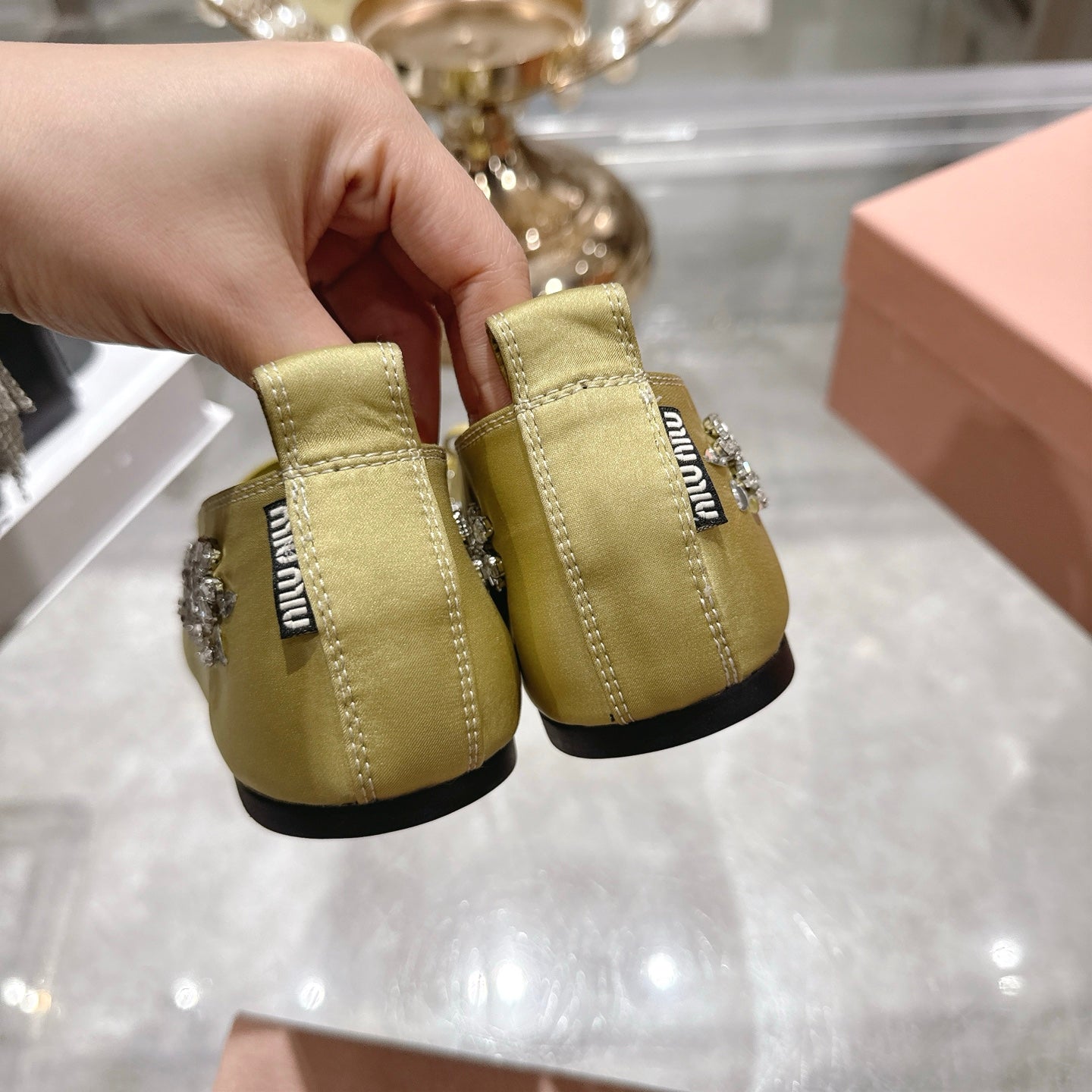 Miu 26 Ballet Flats with Crystal Rhinestones Lemony Yellow Silk Satin 592103