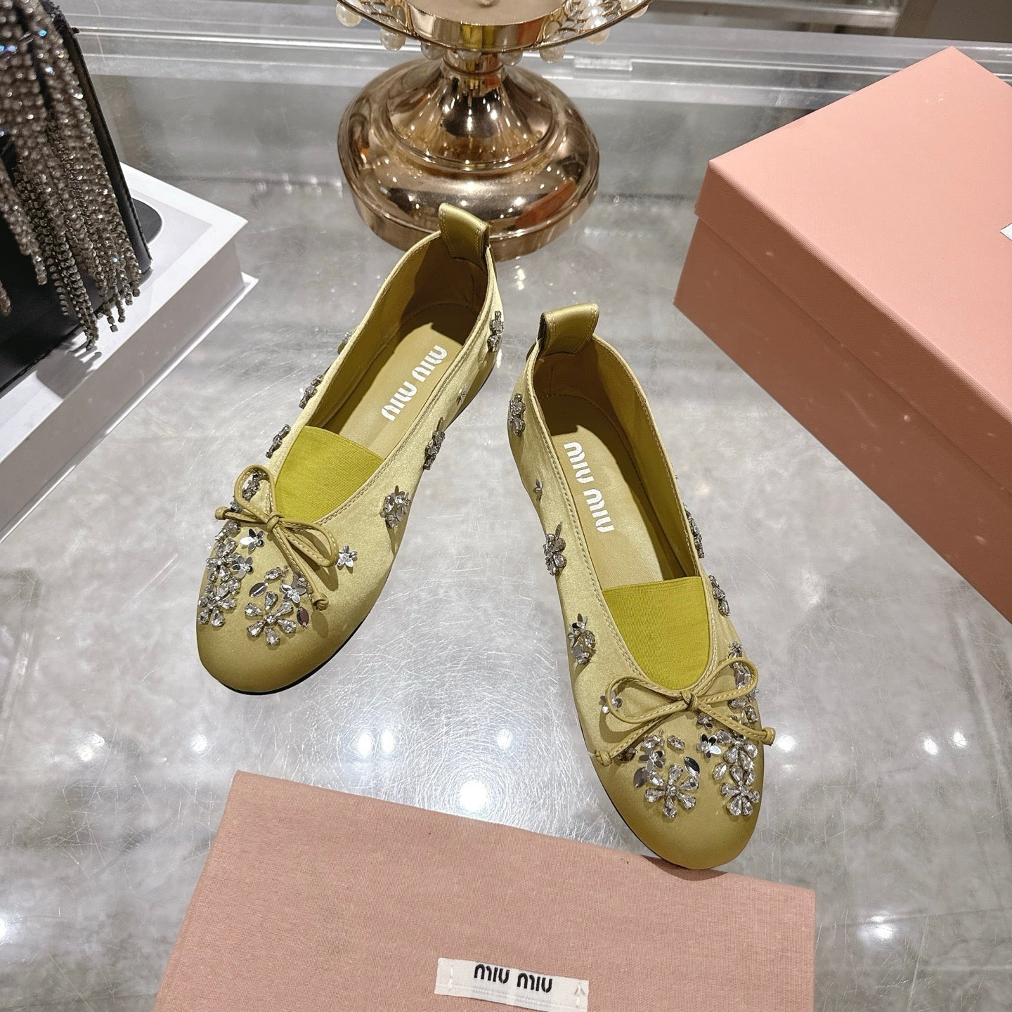 Miu 26 Ballet Flats with Crystal Rhinestones Lemony Yellow Silk Satin 592103