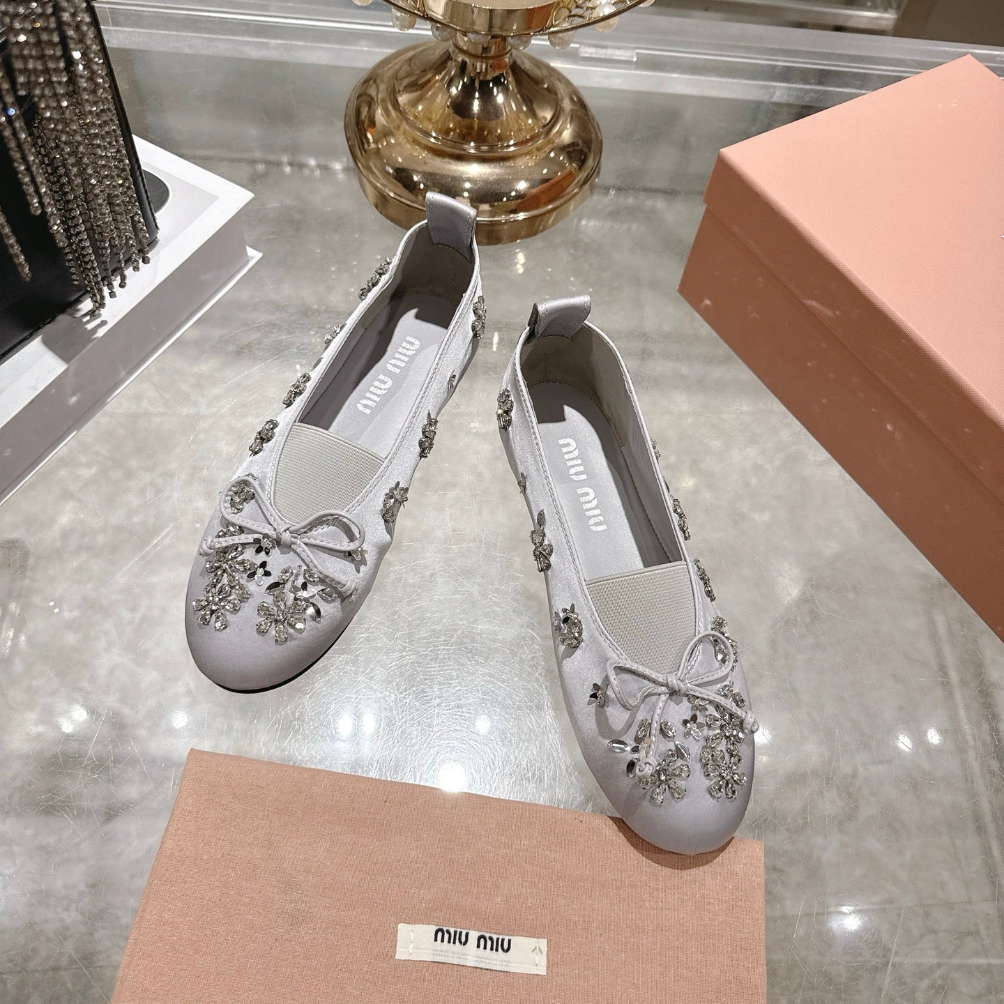 Miu 26 Ballet Flats with Crystal Rhinestones Gray Silk Satin 592104