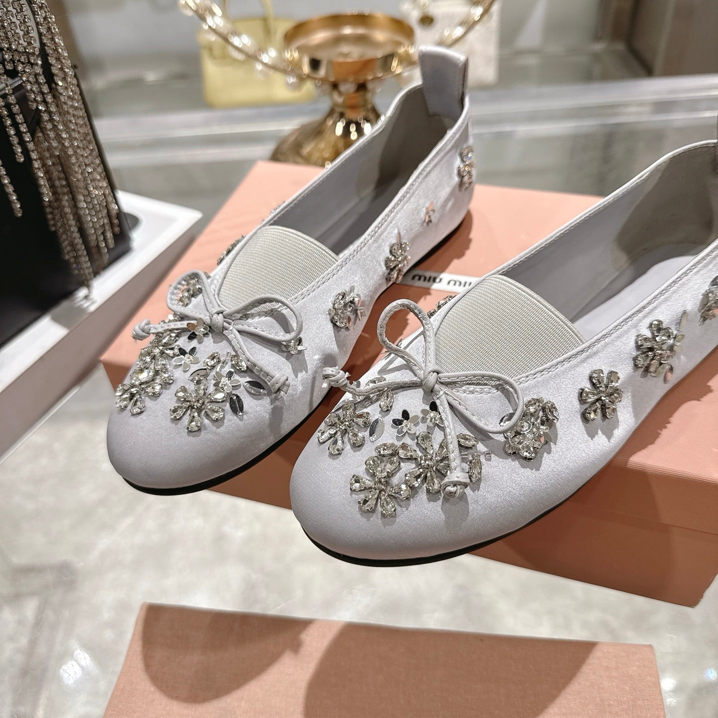 Miu 26 Ballet Flats with Crystal Rhinestones Gray Silk Satin 592104