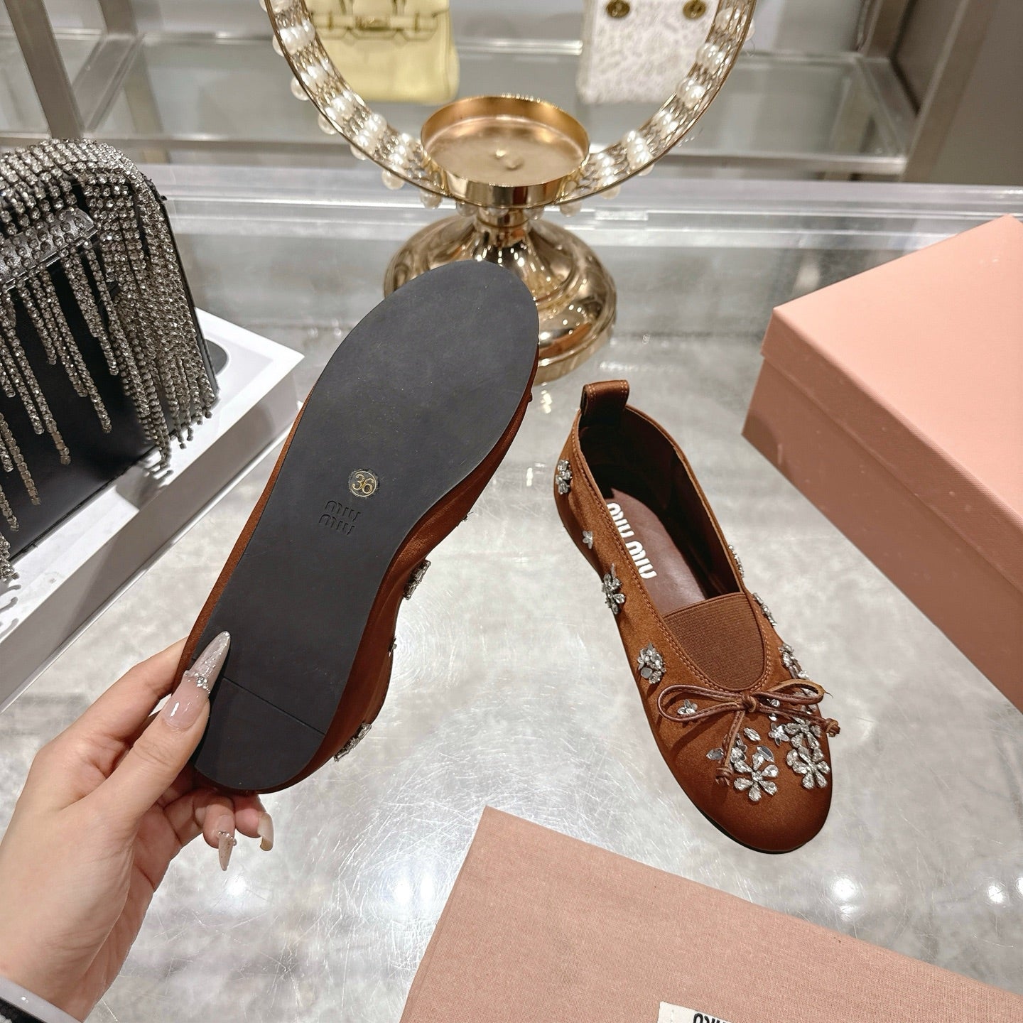 Miu 26 Ballet Flats with Crystal Rhinestones Brown Silk Satin 592105