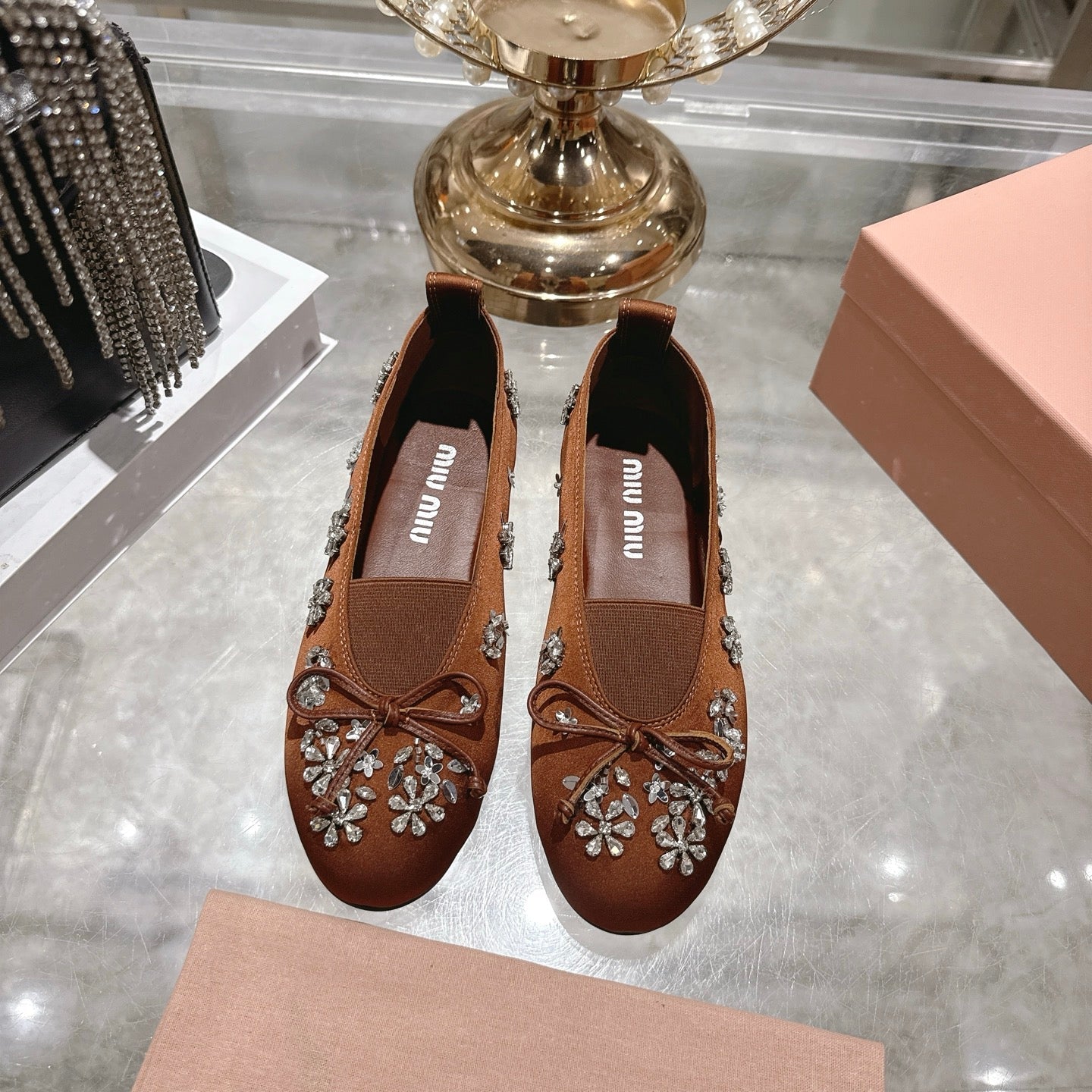 Miu 26 Ballet Flats with Crystal Rhinestones Brown Silk Satin 592105