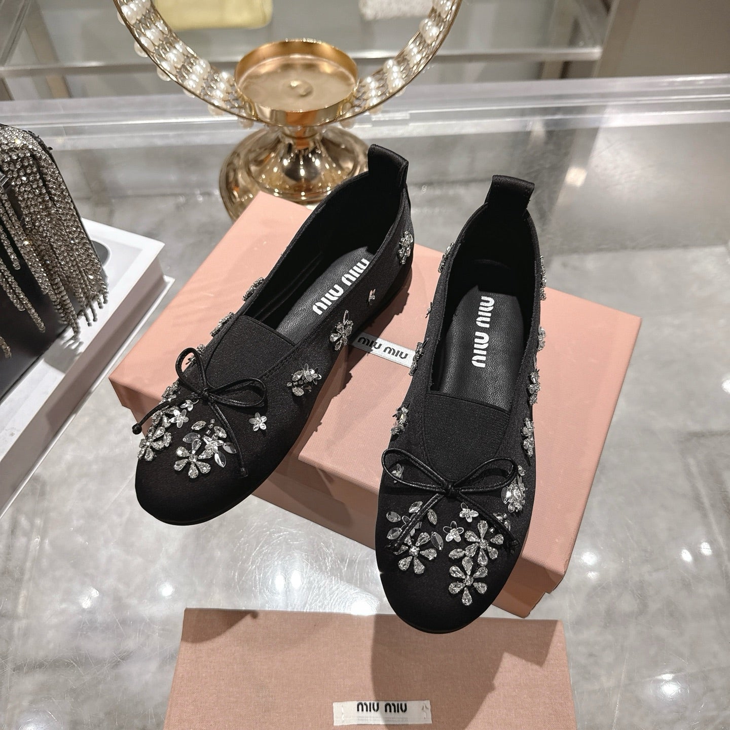 Miu 26 Ballet Flats with Crystal Rhinestones Black Silk Satin 592106