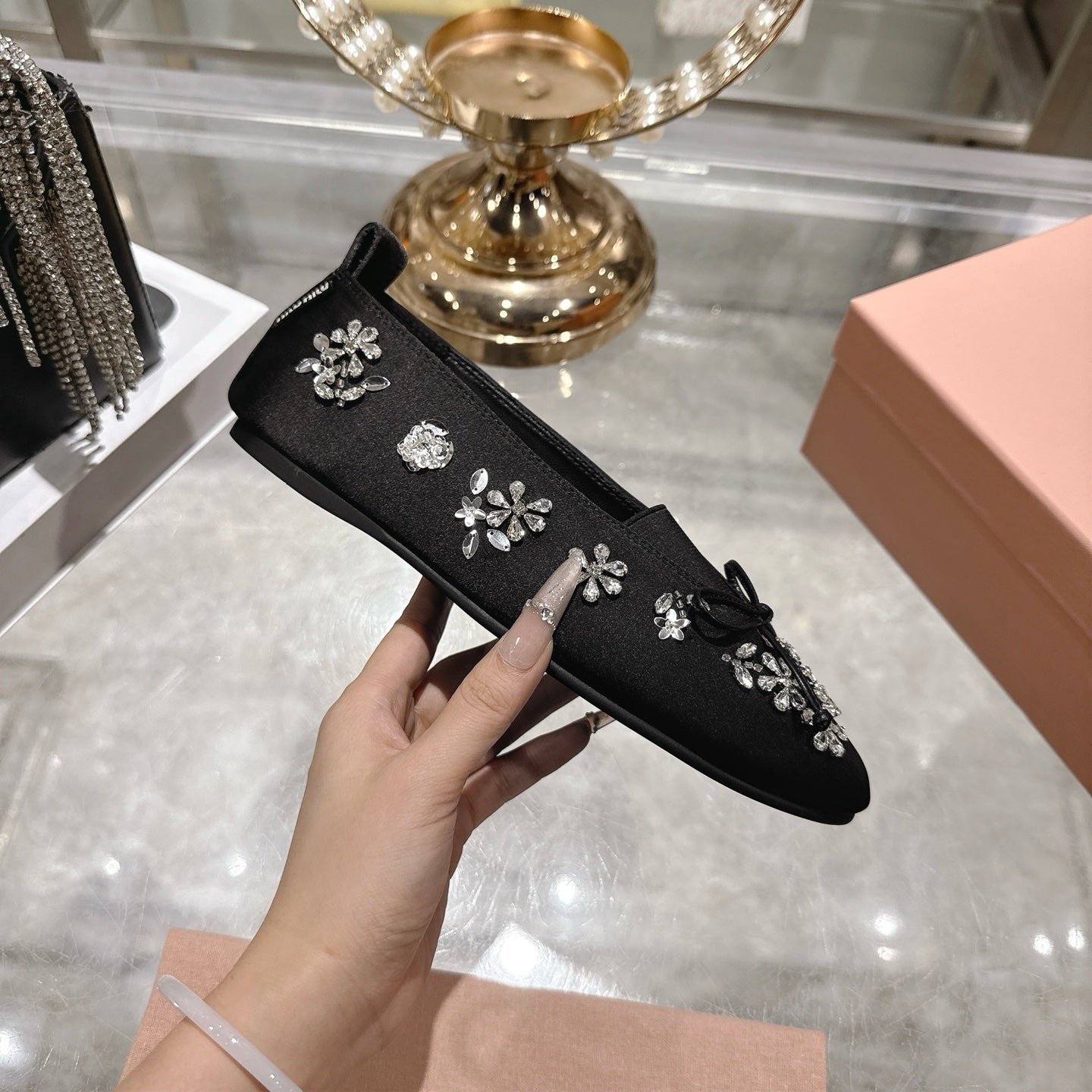 Miu 26 Ballet Flats with Crystal Rhinestones Black Silk Satin 592106
