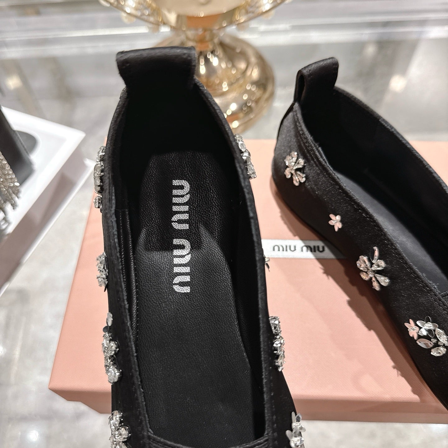 Miu 26 Ballet Flats with Crystal Rhinestones Black Silk Satin 592106