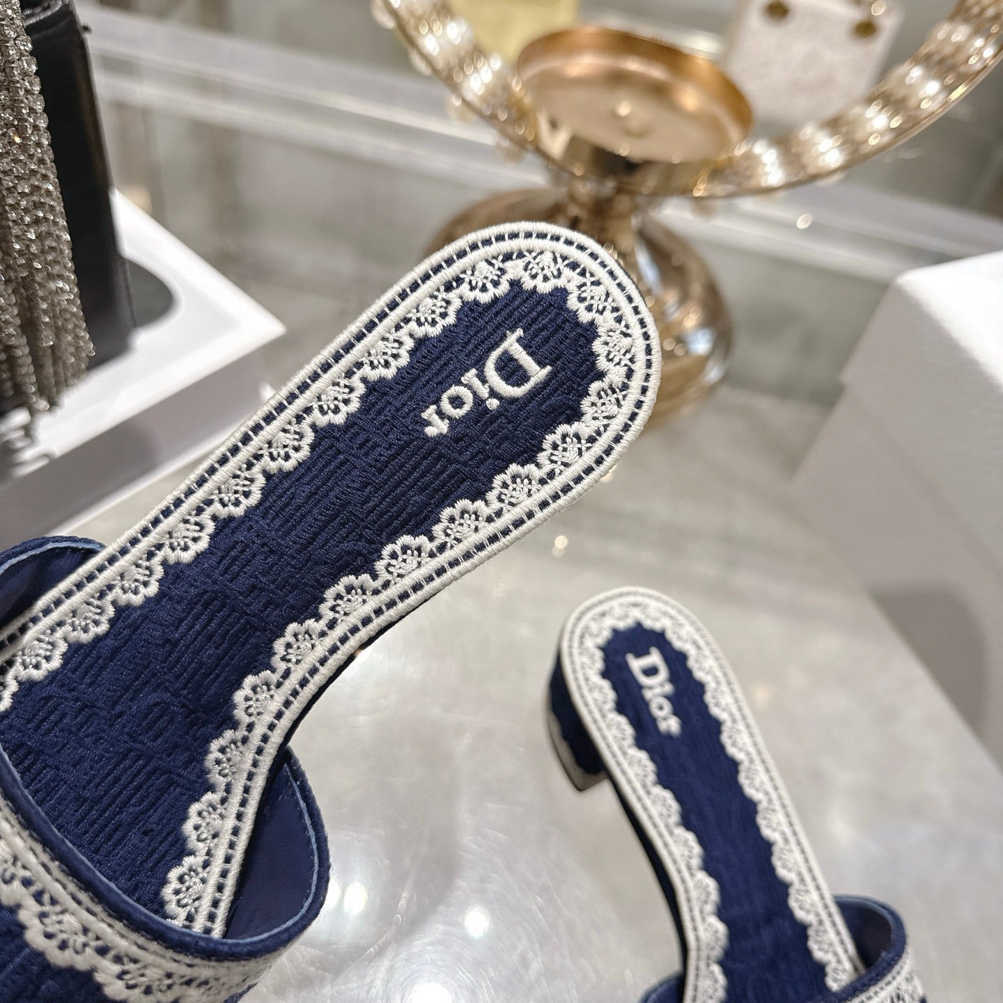 CD  26 Embroidered Sandals 45mm Dark Blue White Canvas 592238