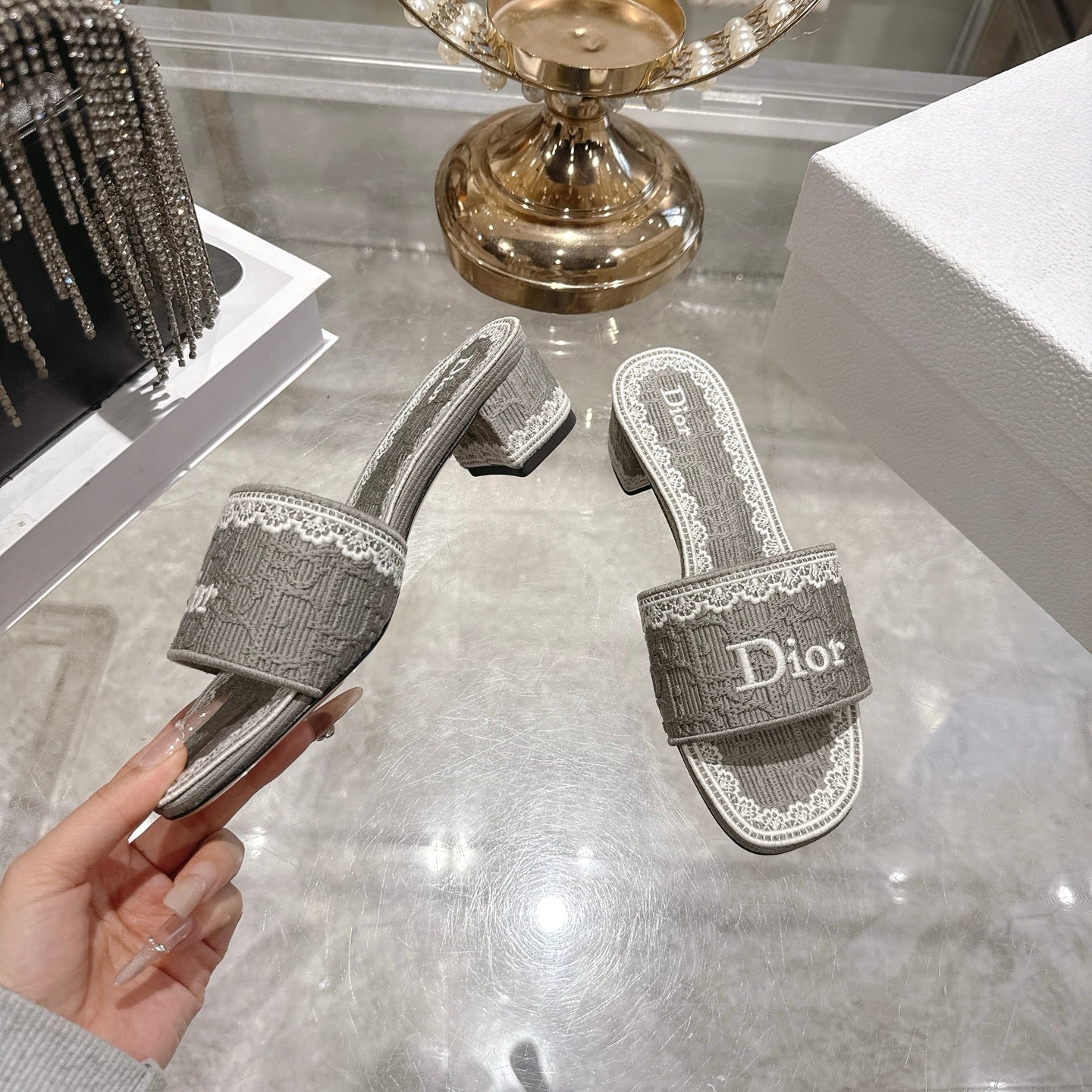 CD 26 Embroidered Sandals 45mm Gray White Canvas 592239