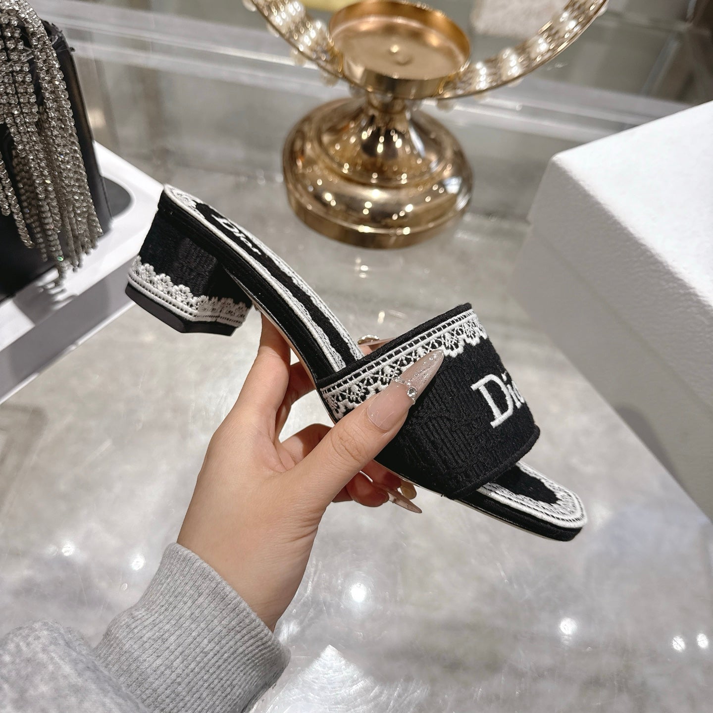 CD 26 Embroidered Sandals 45mm Black White Canvas 592240