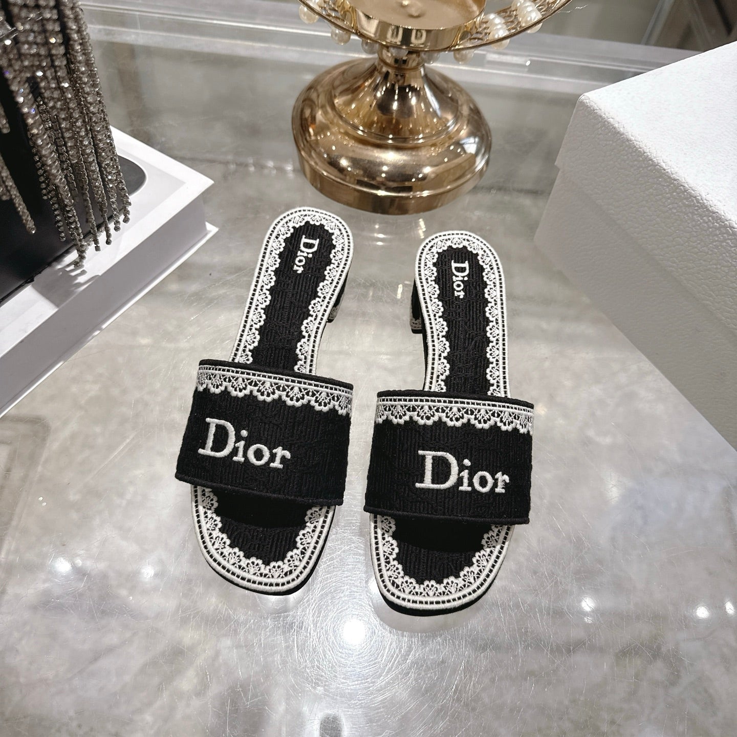 CD 26 Embroidered Sandals 45mm Black White Canvas 592240