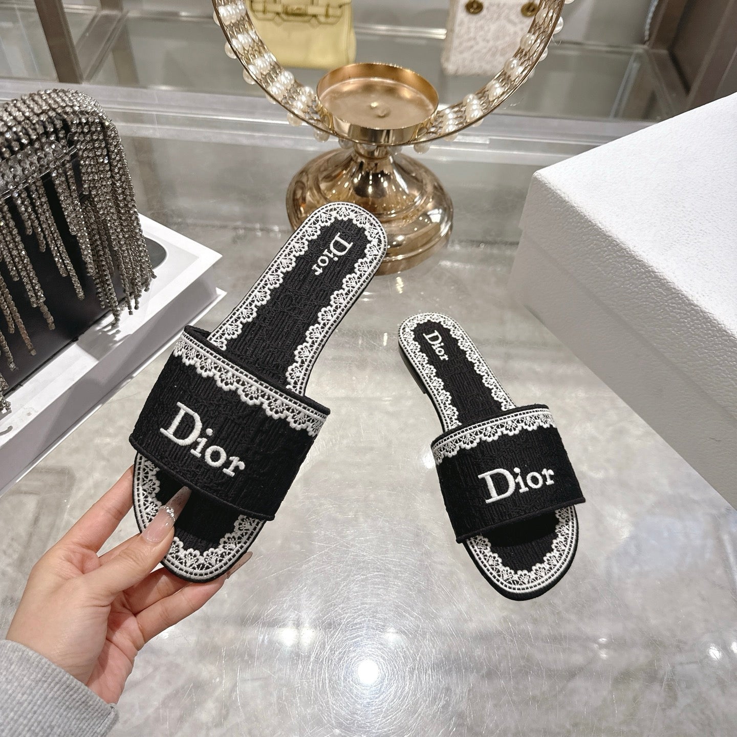 CC 26 Embroidered Sandals Black White Canvas 592246