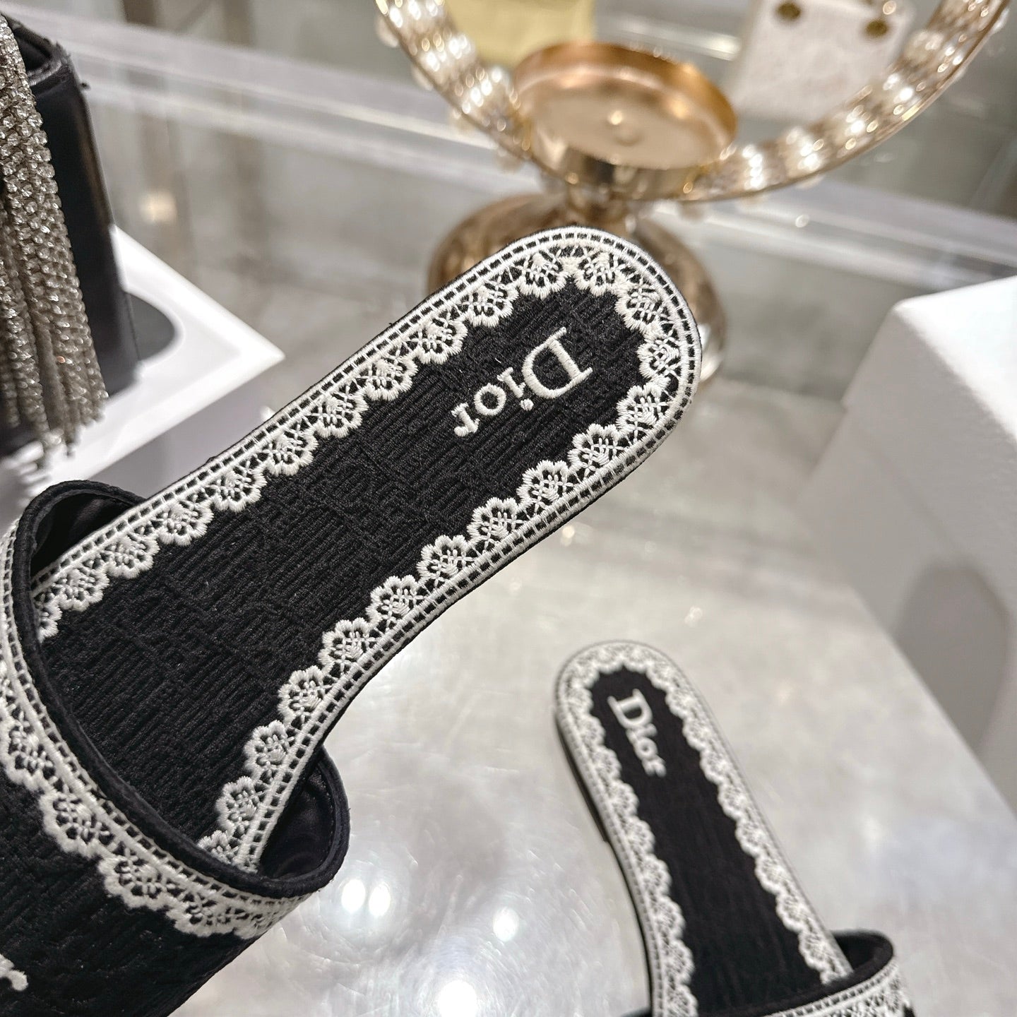 CC 26 Embroidered Sandals Black White Canvas 592246