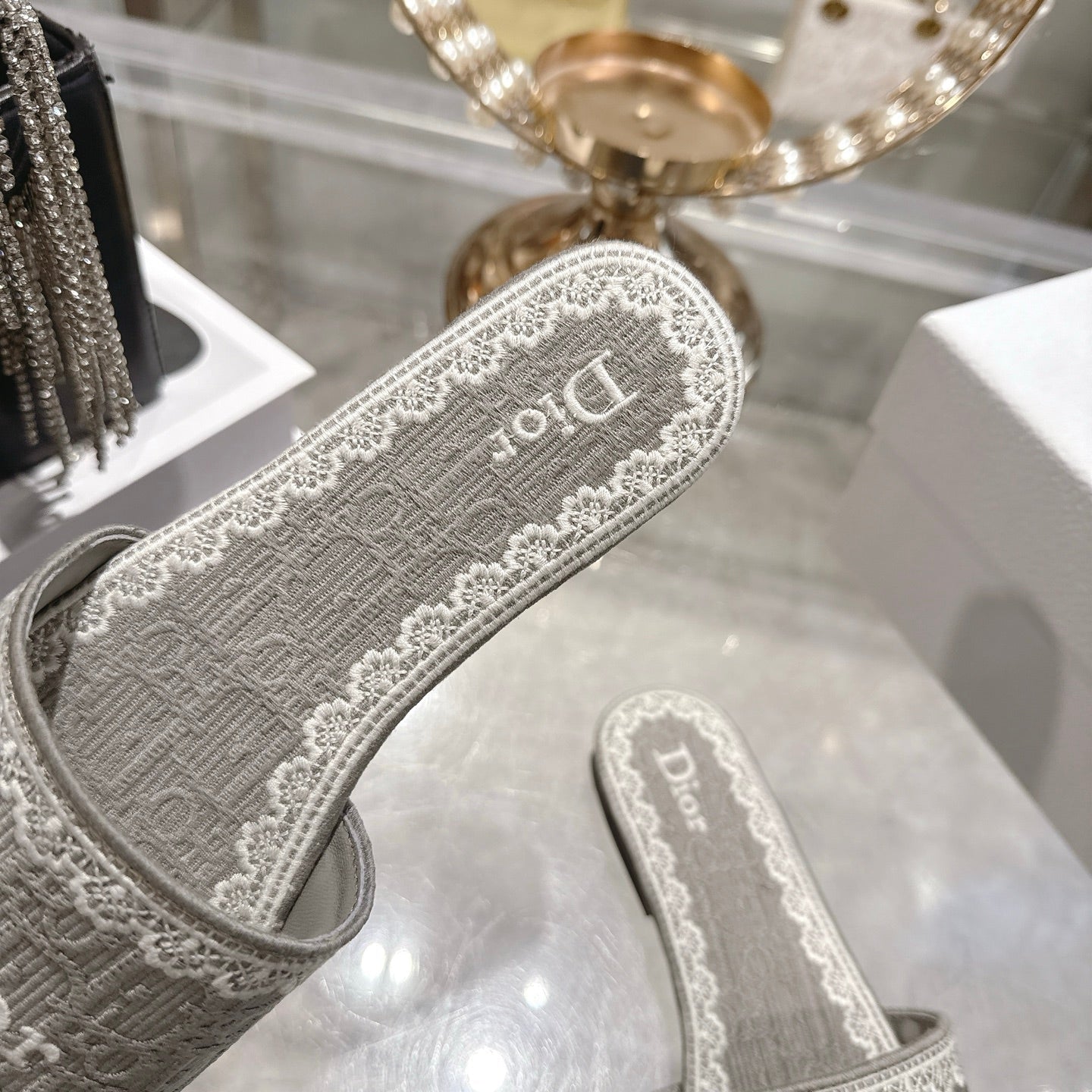 CC 26 Embroidered Sandals Gray White Canvas 592243