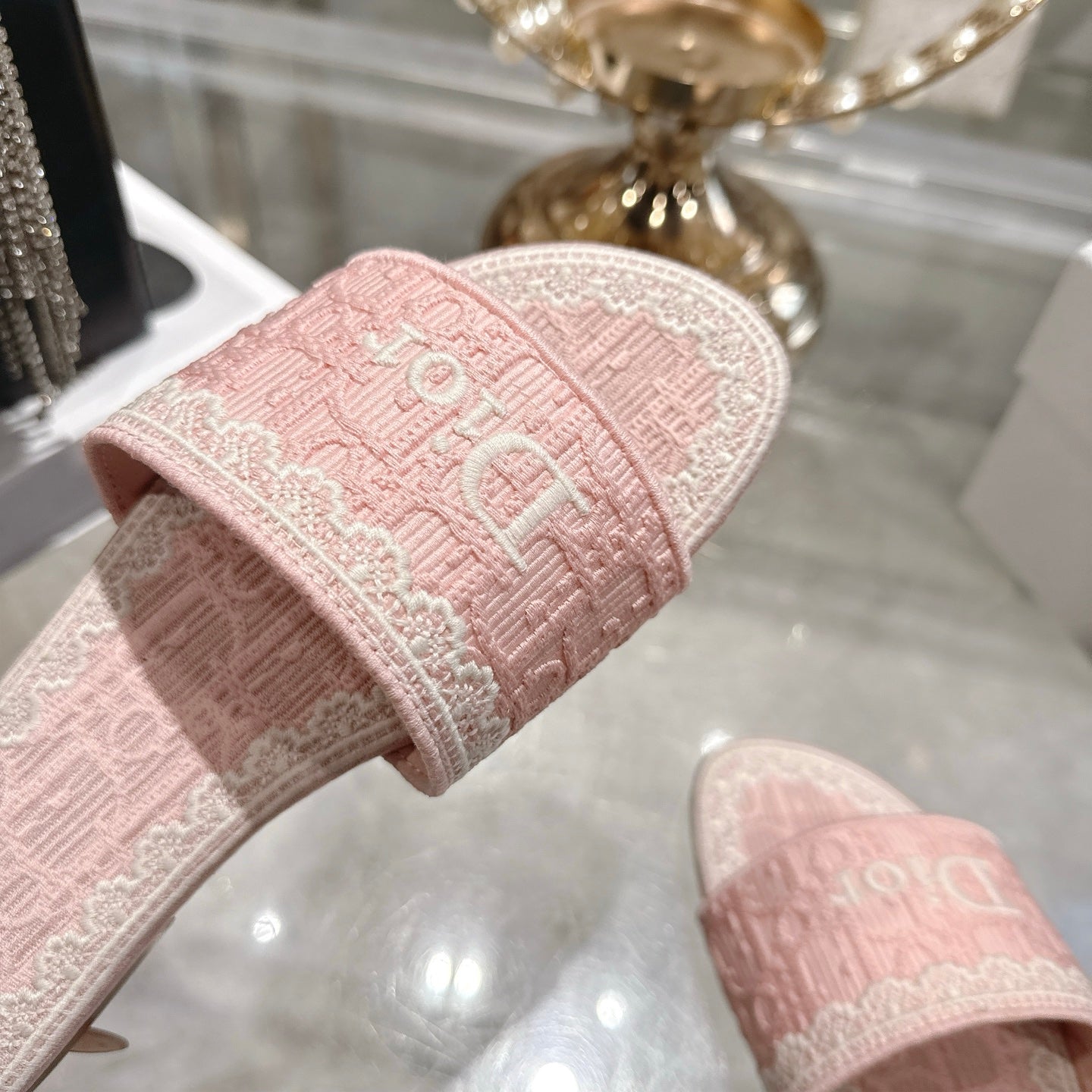 CD 26 Embroidered Sandals Pink White Canvas 592245