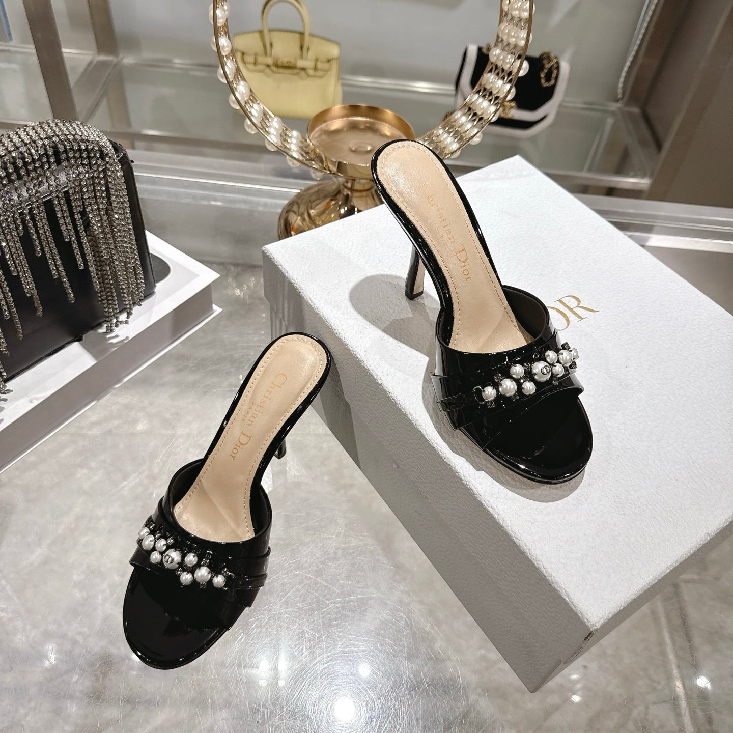 CD 26 High-Heeled Mules 85mm Pearl Black Patent Leather 592251