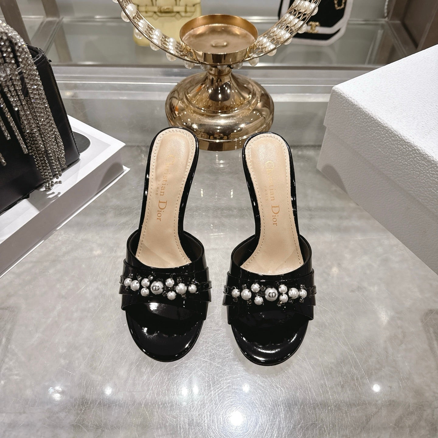 CD 26 High-Heeled Mules 85mm Pearl Black Patent Leather 592251