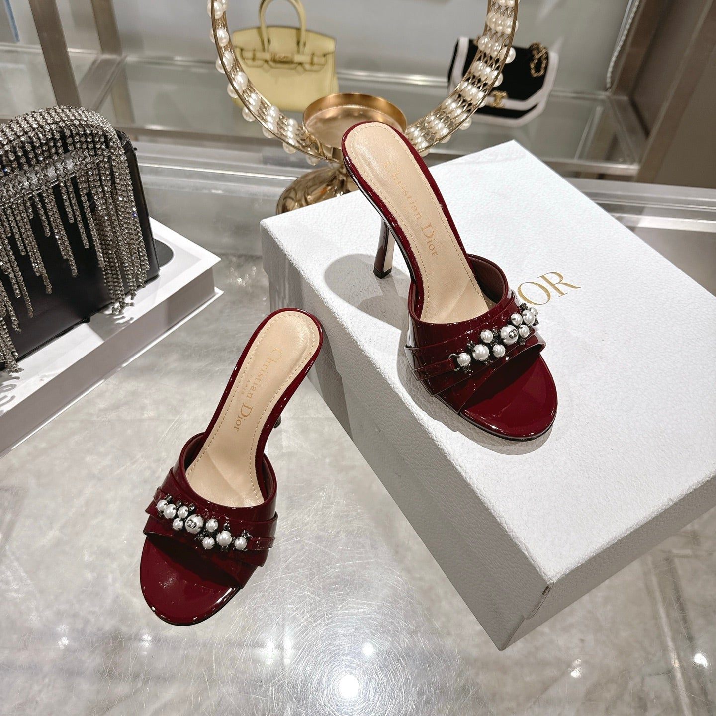 CD 26 High-Heeled Mules 85mm Pearl Dark Red Patent Leather 592253