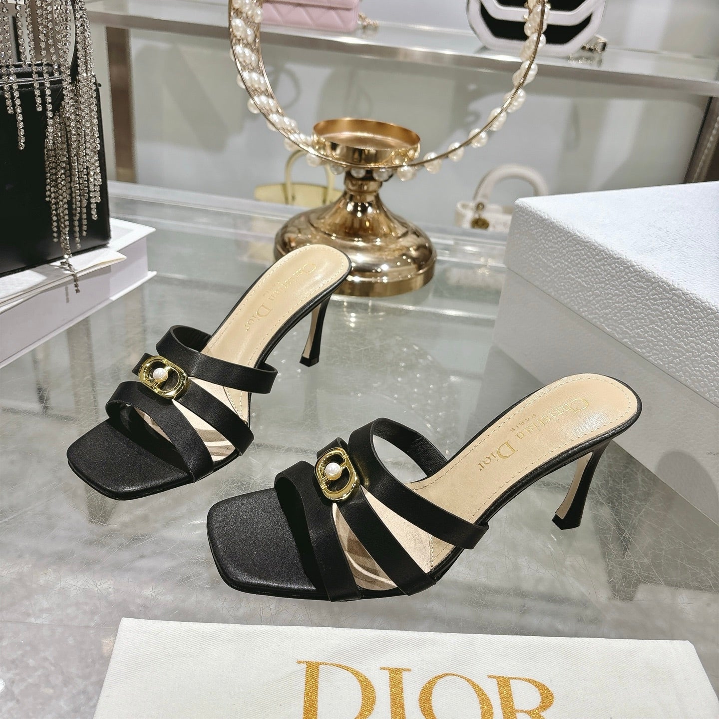 CD 26 High-Heeled Sandals 75mm Black Beige Leather 592255