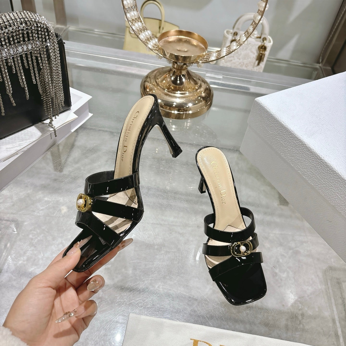 CD 26 High-Heeled Sandals 75mm Black Patent Leather 592258