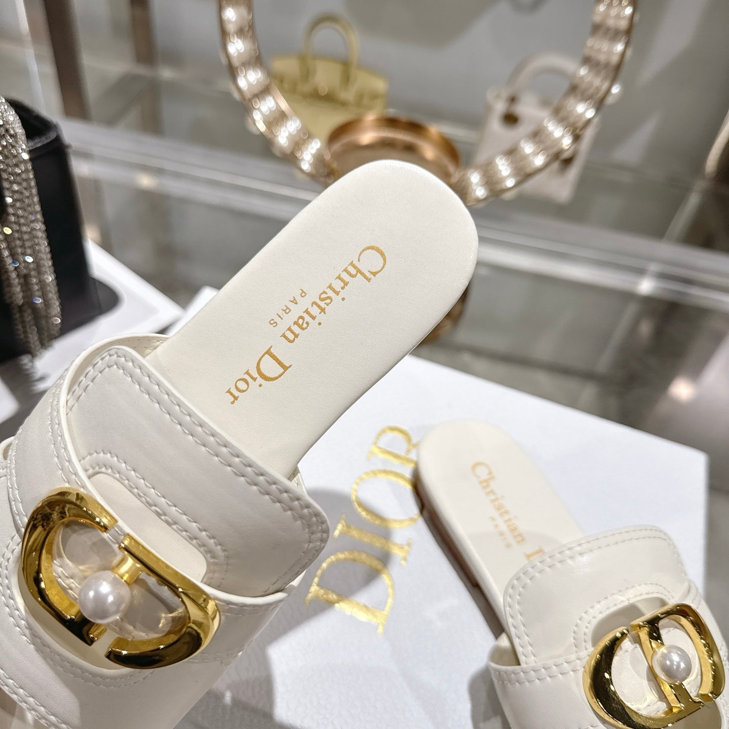 CD 26 Chunky Heel Sandals White Leather 592272