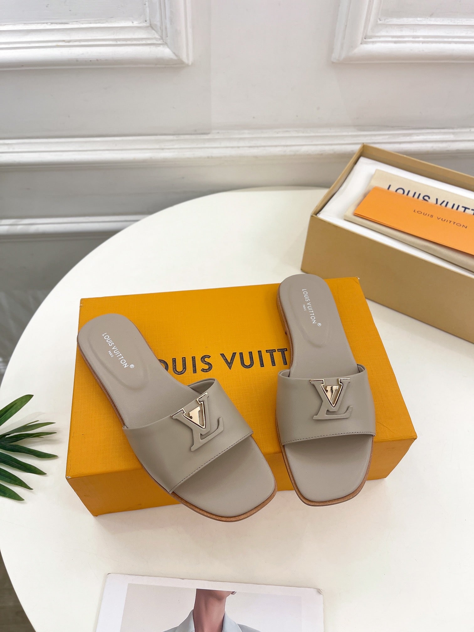 lv capri flat mule grey calfskin