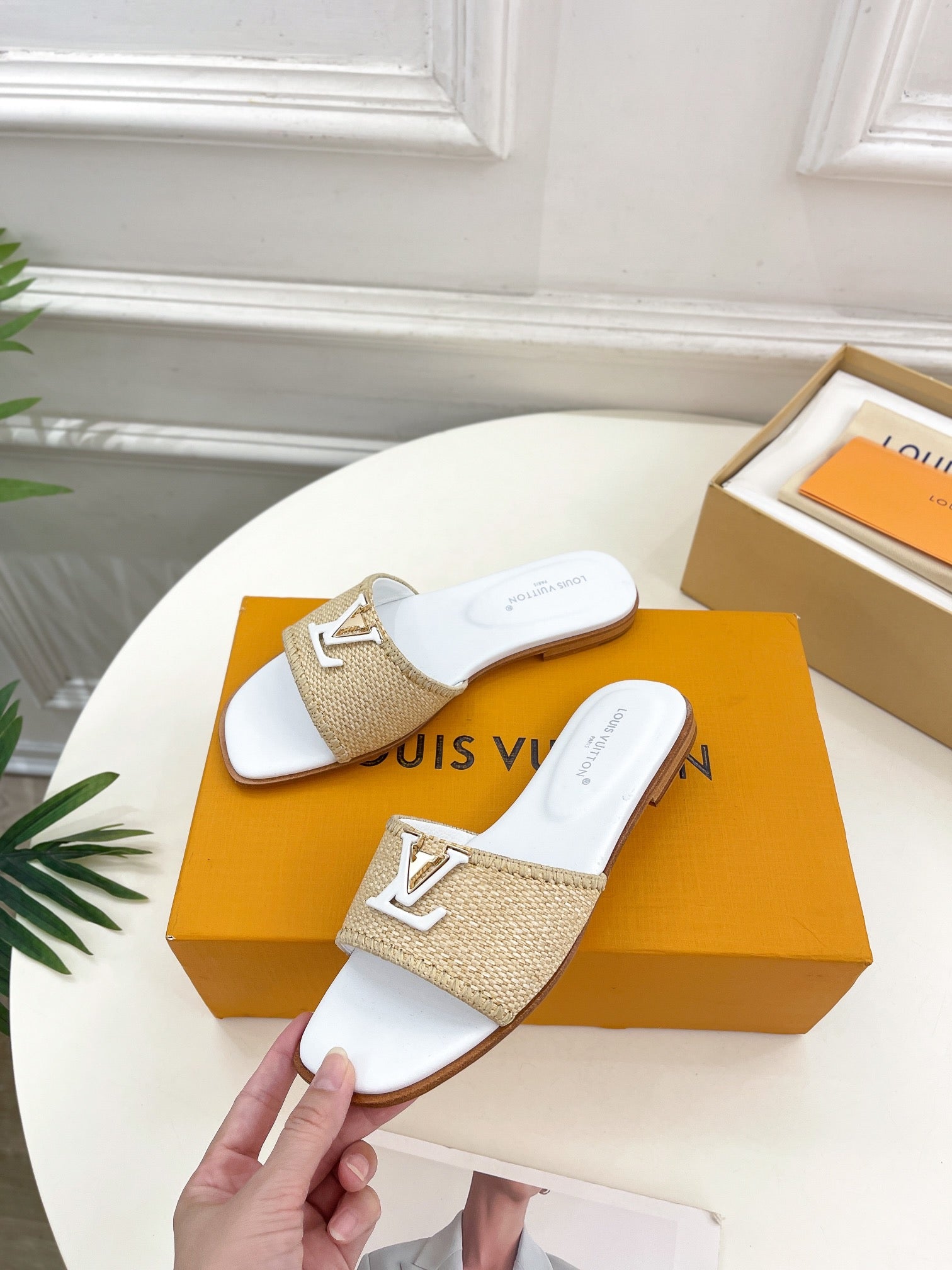 lv capri flat mule beige raffia white calfskin